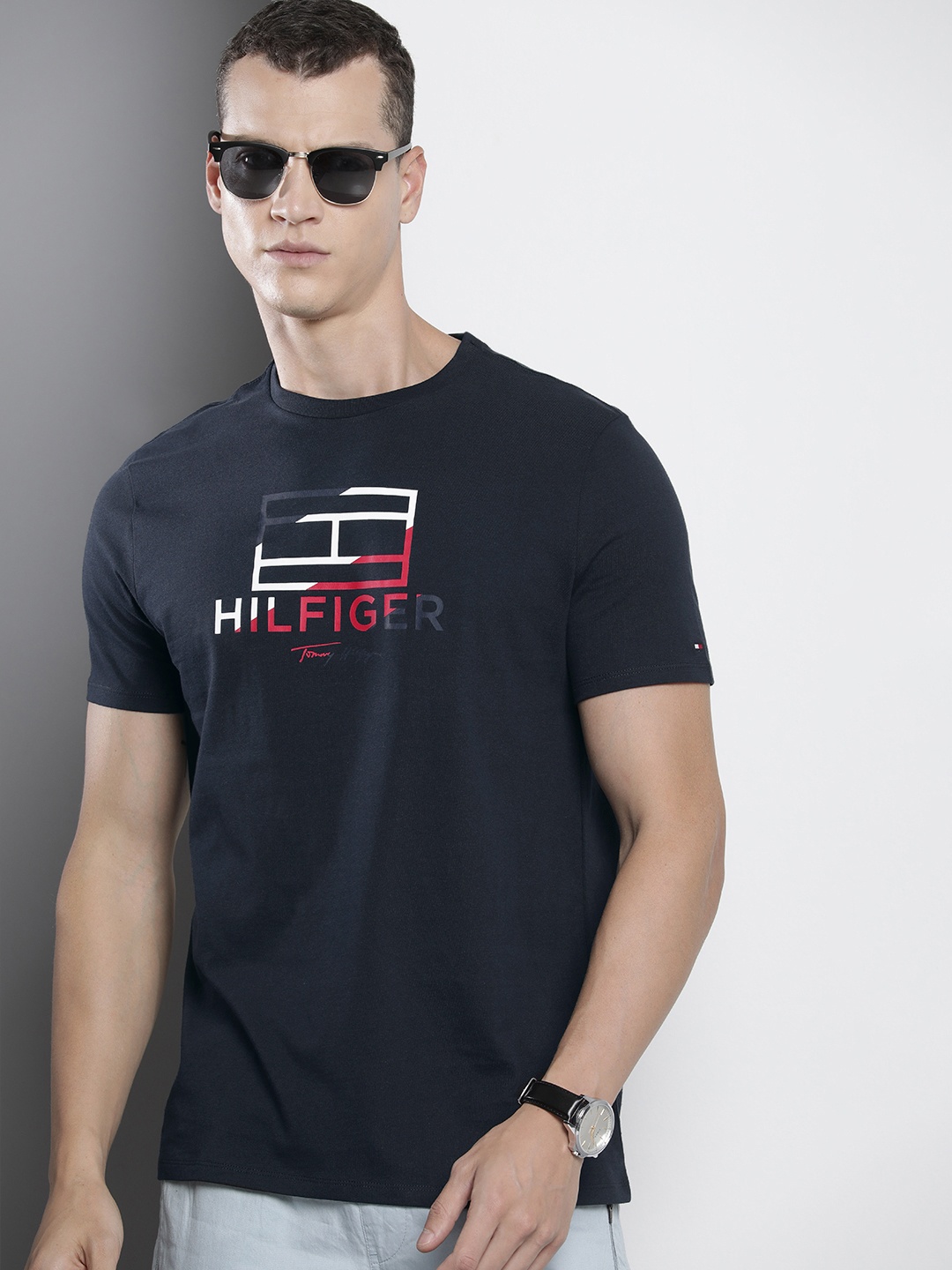 

Tommy Hilfiger Brand Logo Printed Pure Cotton Slim Fit T-shirt, Navy blue