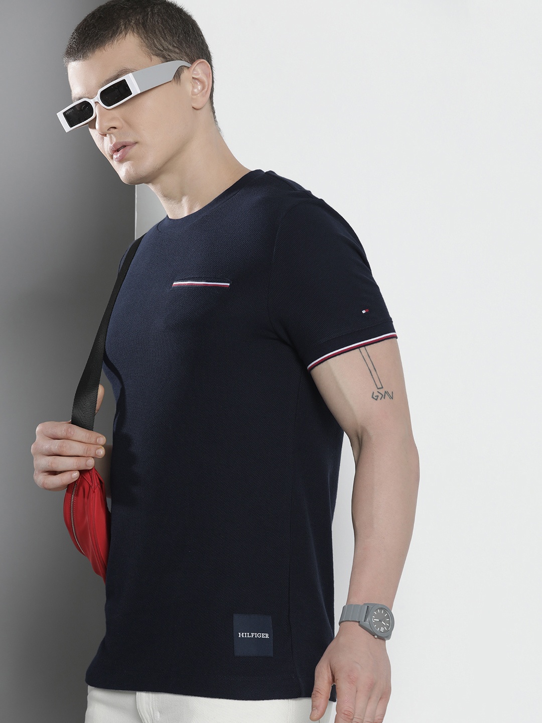 Tommy Hilfiger Self Design Pure Cotton Slim Fit T-shirt, Navy blue