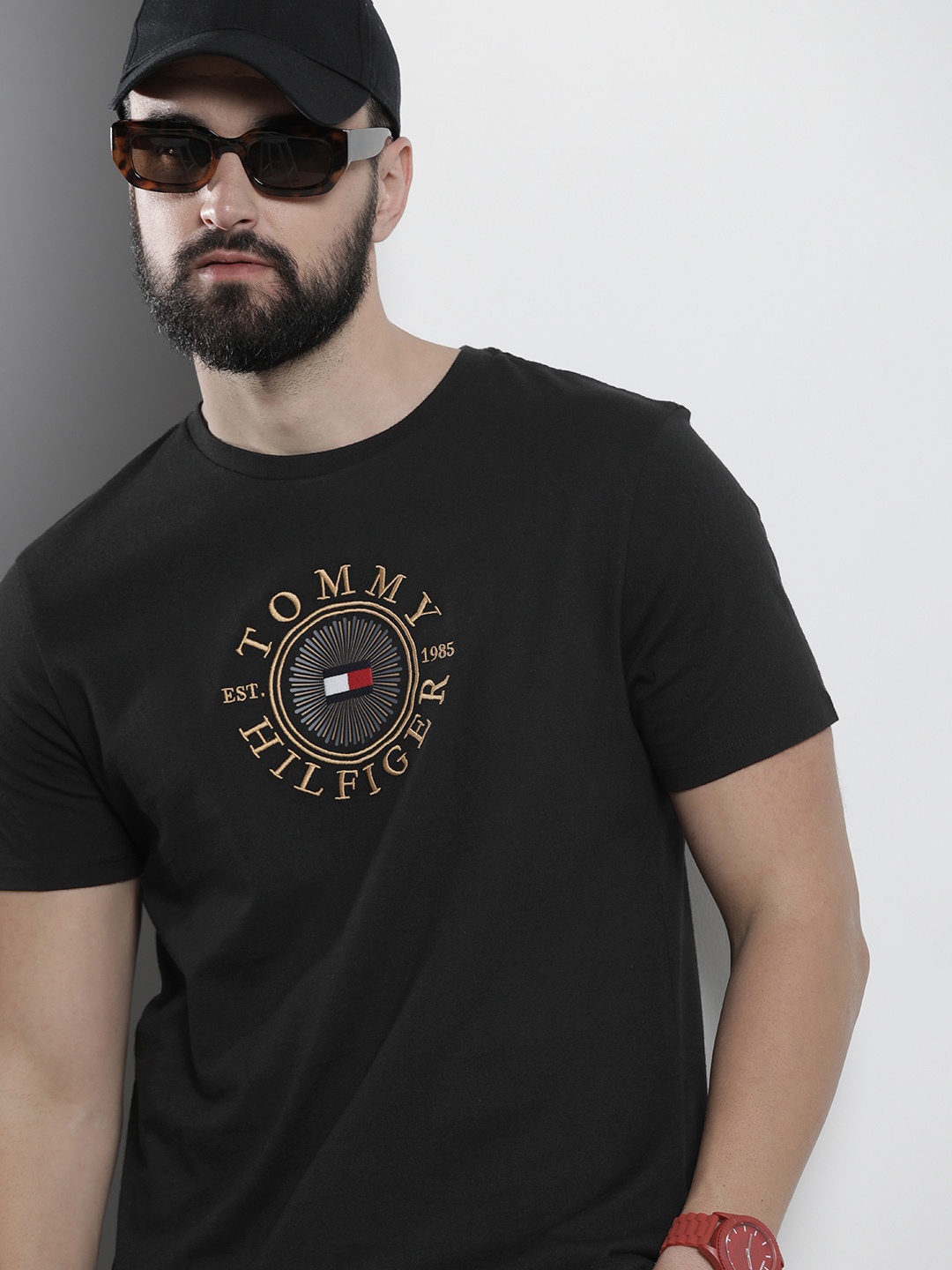 

Tommy Hilfiger Brand Logo Embroidered Pure Cotton Slim Fit T-shirt, Black
