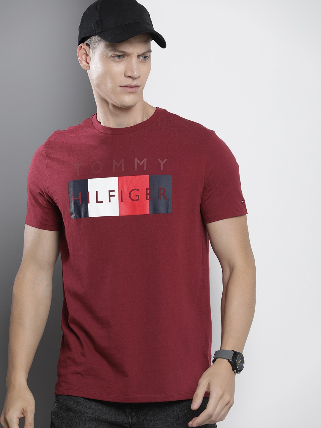 

Tommy Hilfiger Brand Logo Printed Pure Cotton Slim Fit T-shirt, Maroon