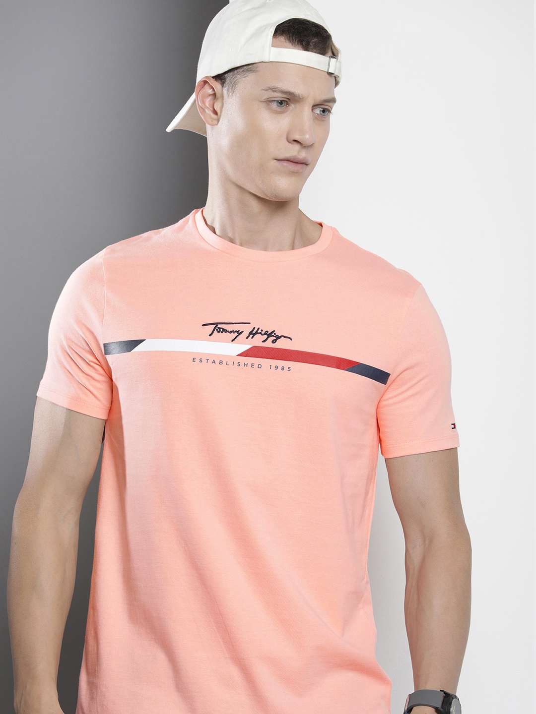 

Tommy Hilfiger Pure Cotton Brand Logo Printed Casual T-shirt, Peach