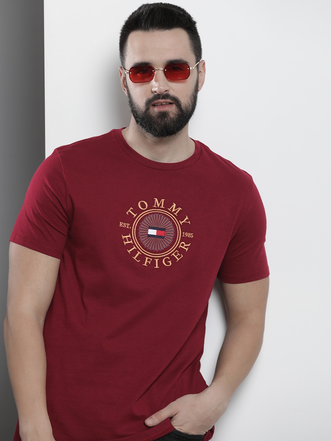 

Tommy Hilfiger Brand Logo Embroidered Pure Cotton Slim Fit T-shirt, Maroon