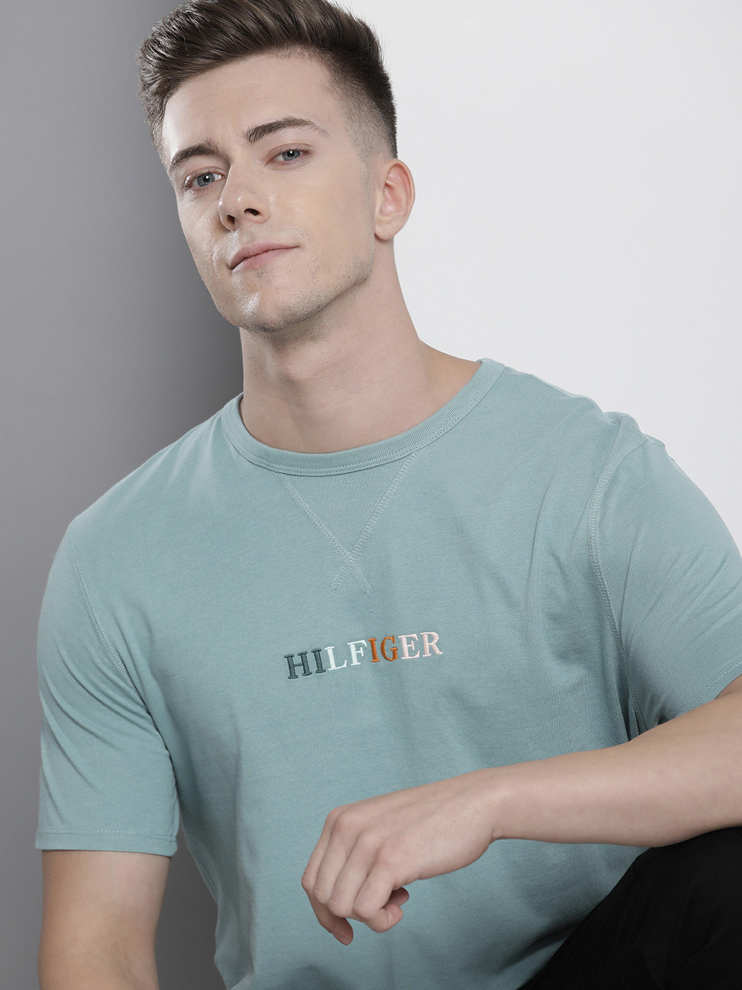 

Tommy Hilfiger Pure Cotton Brand Logo Printed Regular Fit Casual T-shirt, Blue