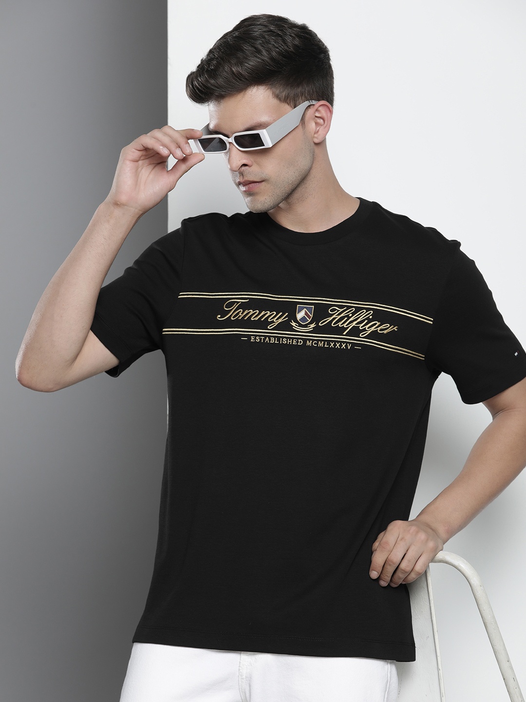 

Tommy Hilfiger Brand Logo Embroidered Pure Cotton T-shirt, Black