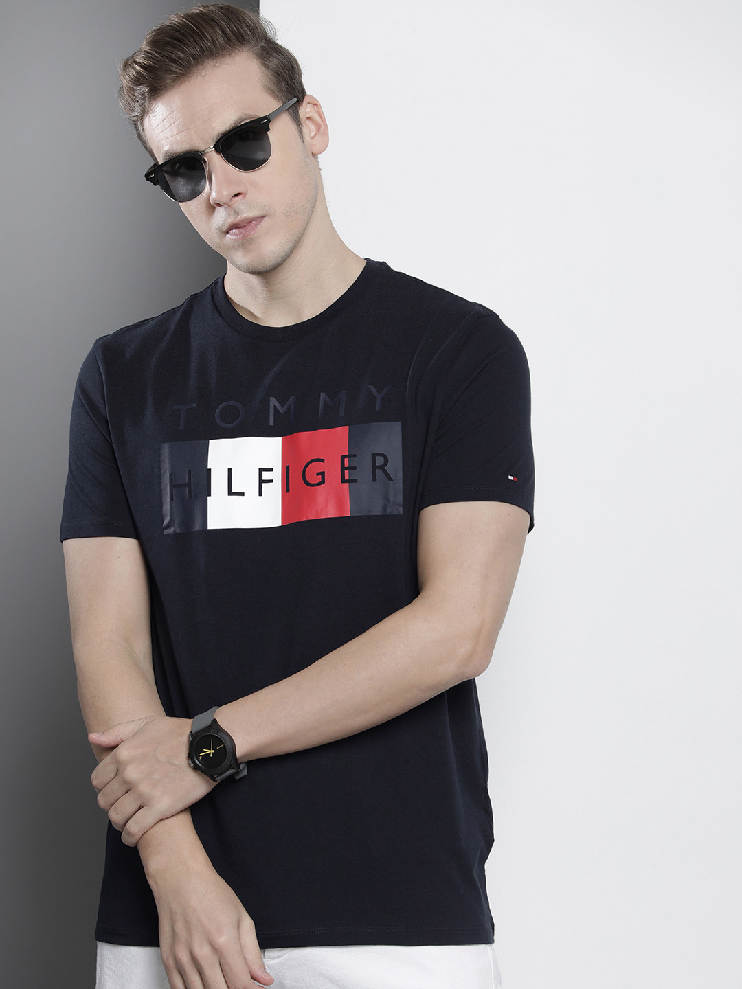 

Tommy Hilfiger Brand Logo Printed Pure Cotton Slim Fit T-shirt, Navy blue