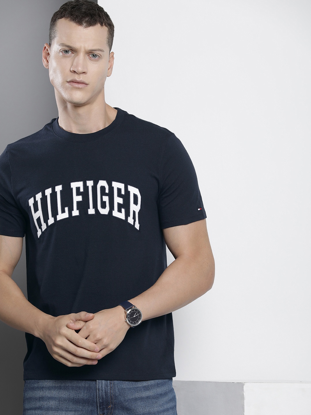 

Tommy Hilfiger Brand Logo Embroidered Pure Cotton Slim Fit T-shirt, Navy blue