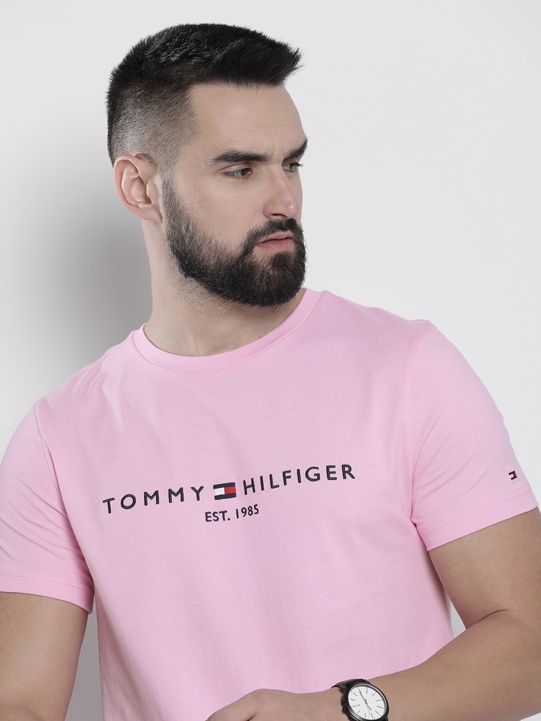 

Tommy Hilfiger Sustainable Brand Logo Embroidered Pure Cotton Slim Fit T-shirt, Pink