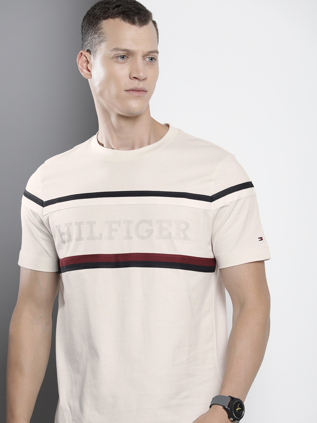 

Tommy Hilfiger Brand Logo Printed Pure Cotton Slim Fit T-shirt, Beige