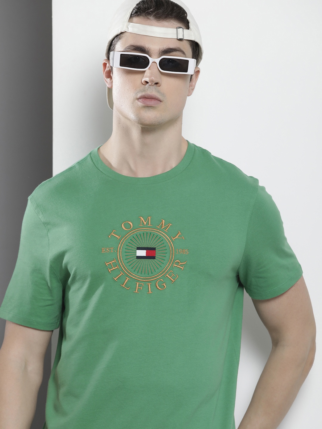 

Tommy Hilfiger Brand Logo Embroidered Pure Cotton Slim Fit T-shirt, Green