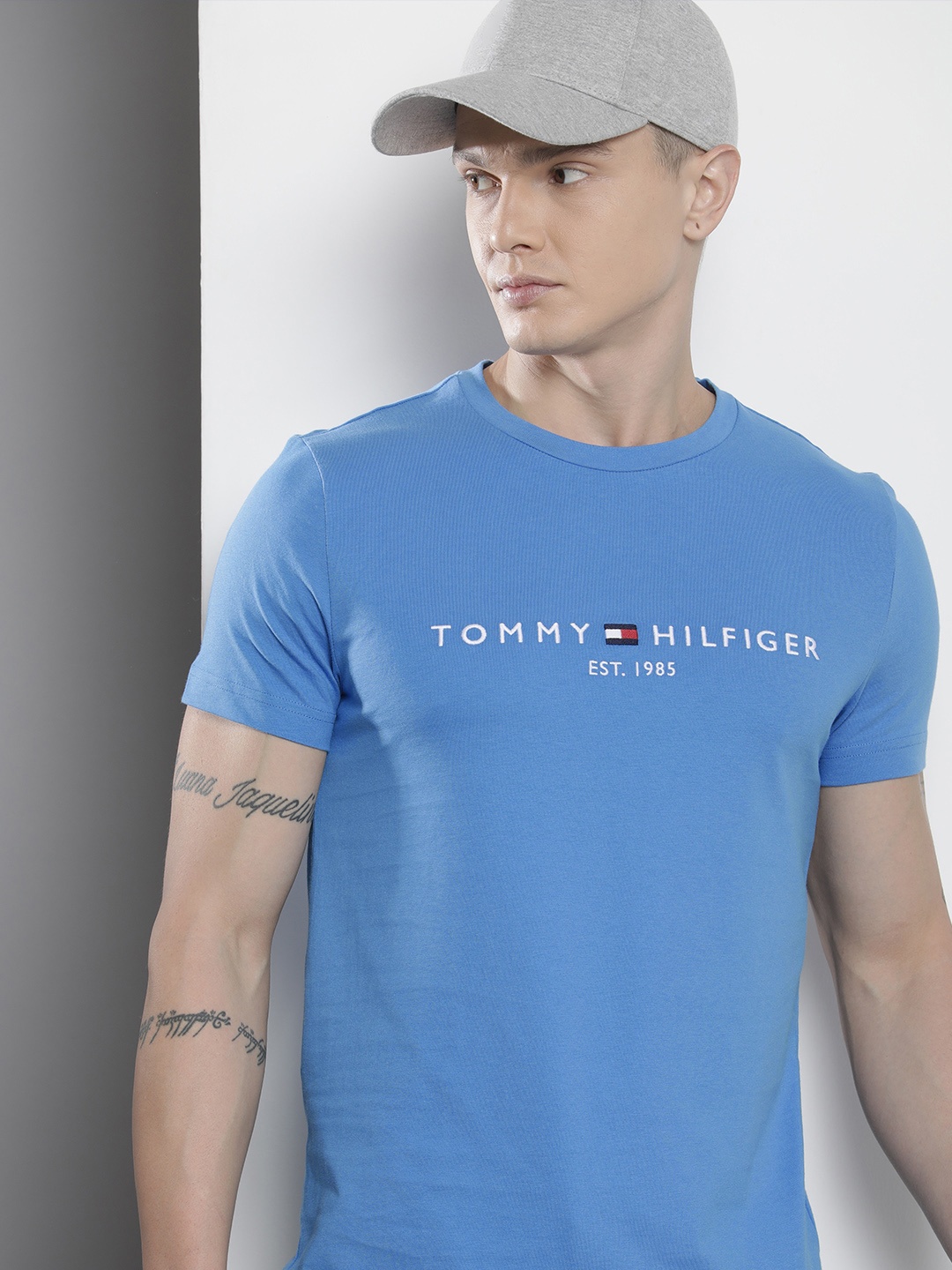 

Tommy Hilfiger Brand Logo Embroidered Pure Cotton Slim Fit T-shirt, Blue