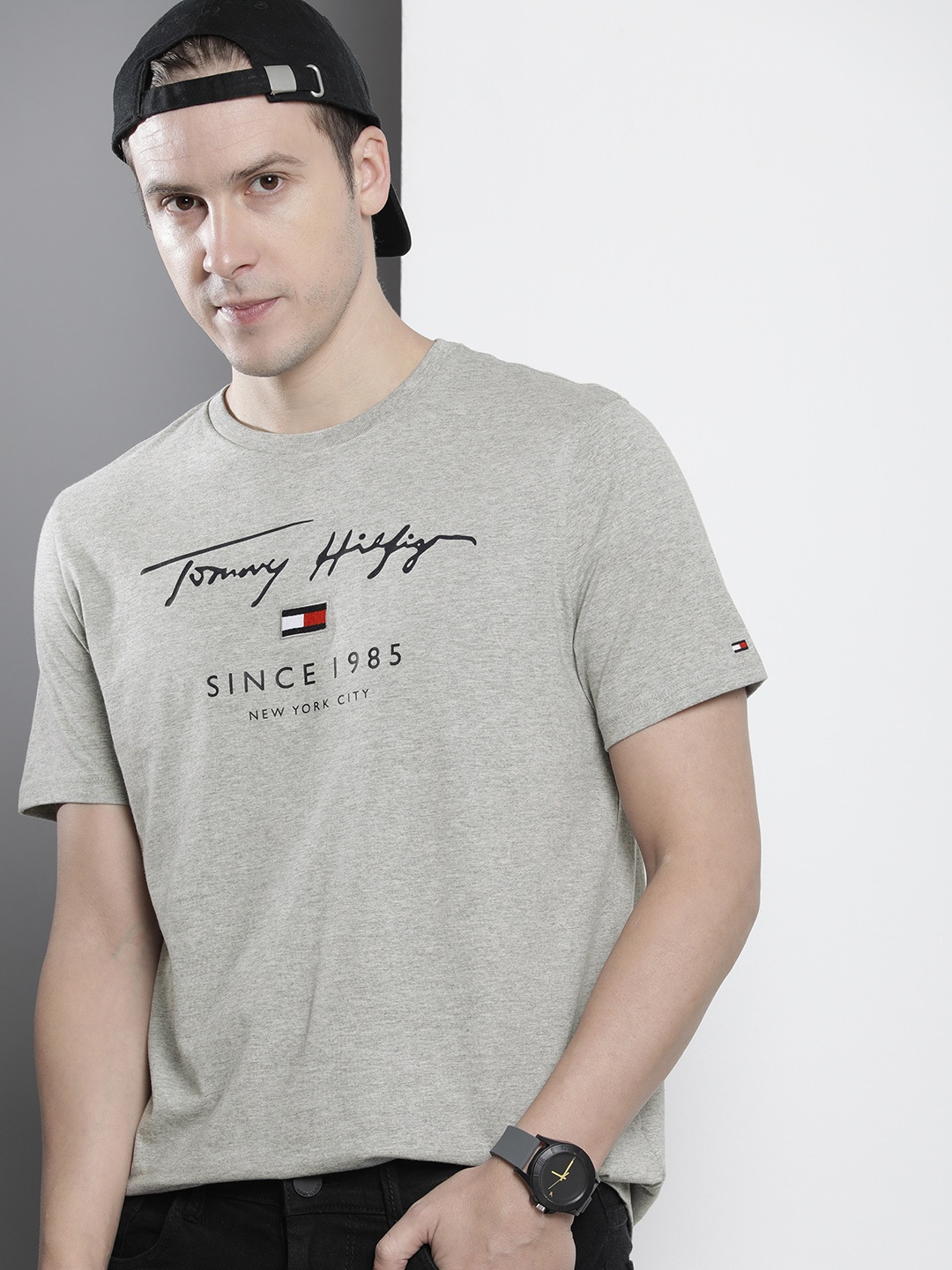

Tommy Hilfiger Brand Logo Printed Pure Cotton Slim Fit T-shirt, Grey