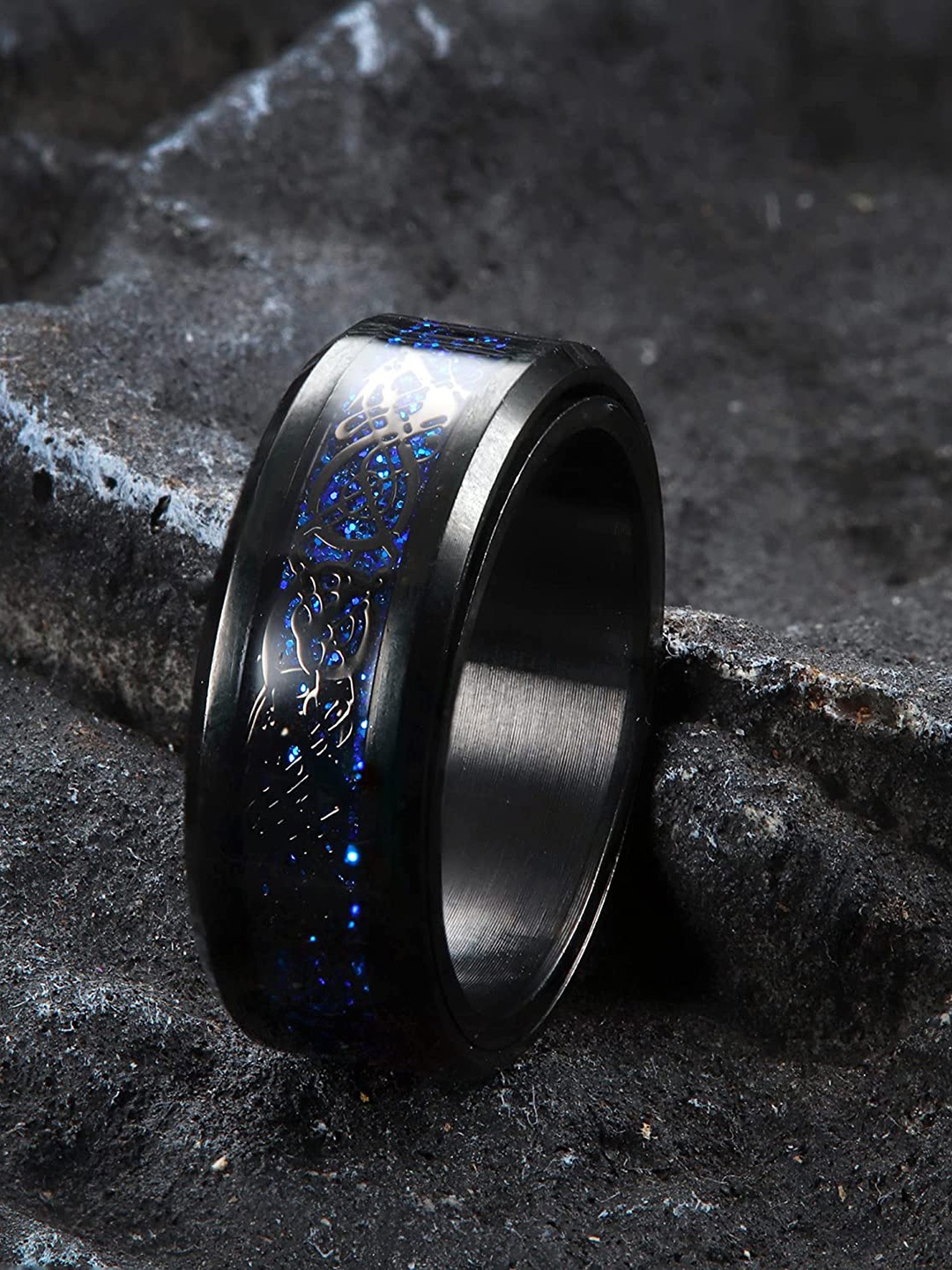 

MEENAZ Men Textured Stainless Steel Finger Ring, Black
