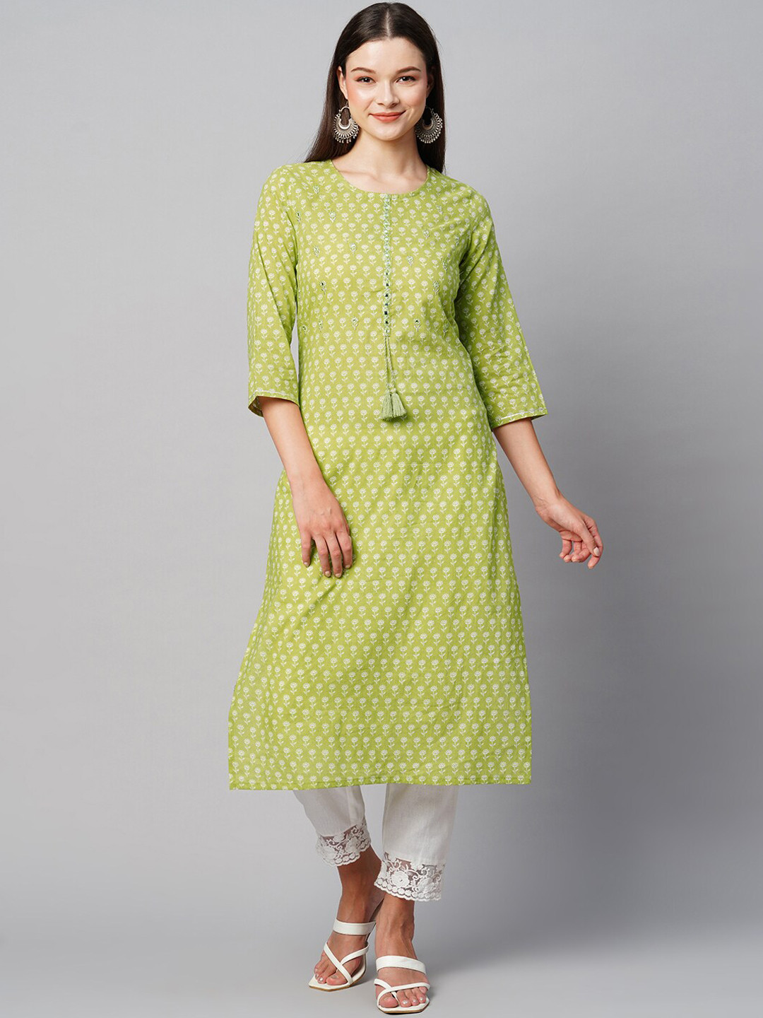 

INDYES Floral Printed Cotton Kurta, Green