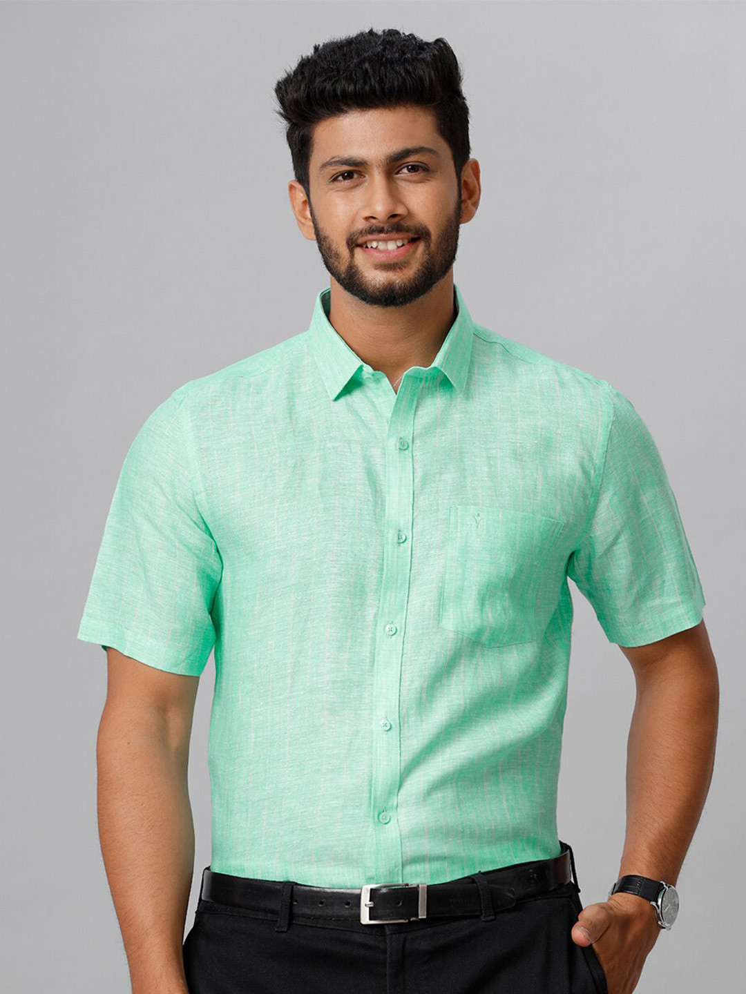 

Ramraj Smart Tailored Fit Spread Collar Linen Formal Shirt, Green