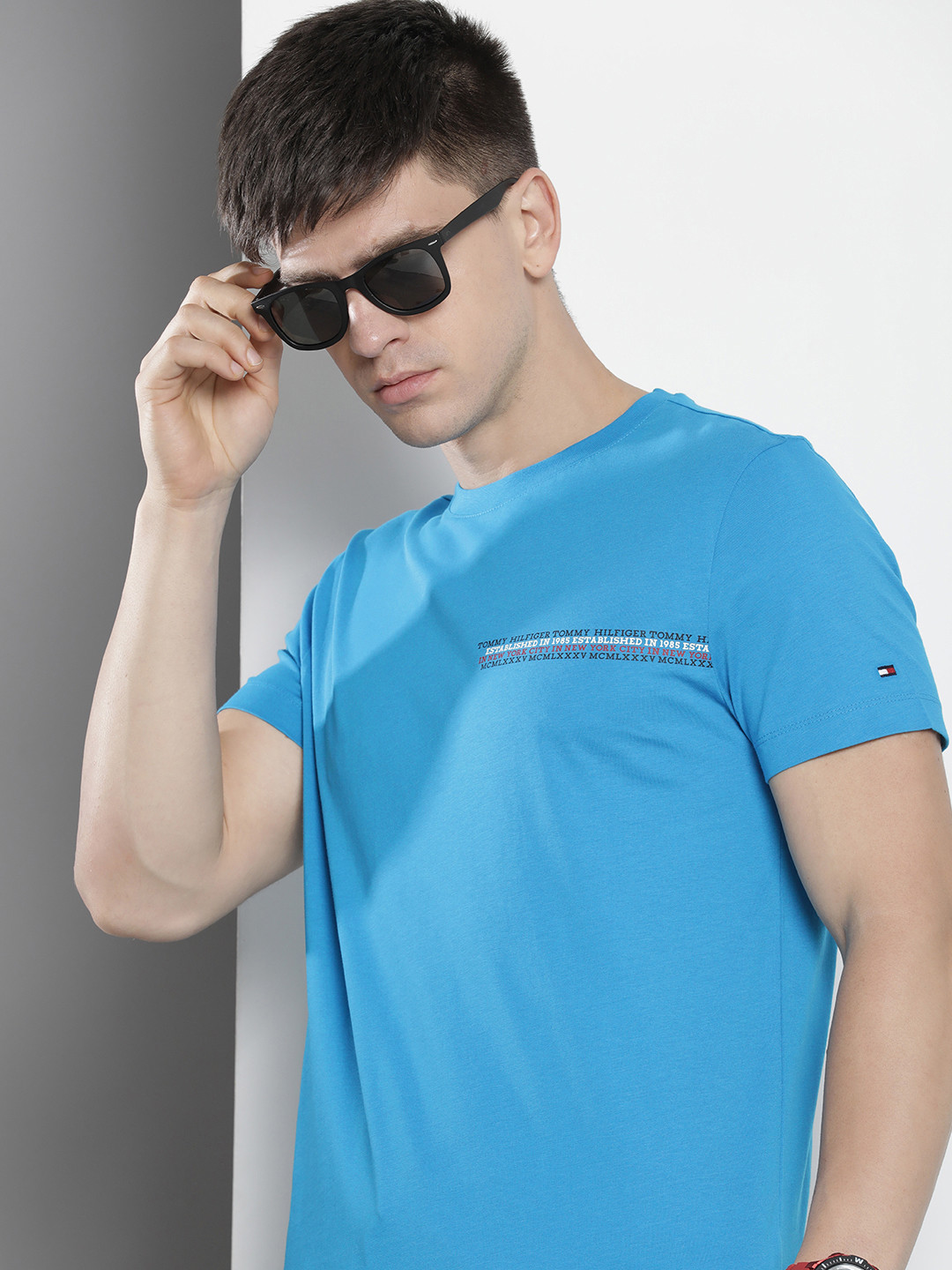

Tommy Hilfiger Typography Printed Pure Cotton Slim Fit T-shirt, Blue