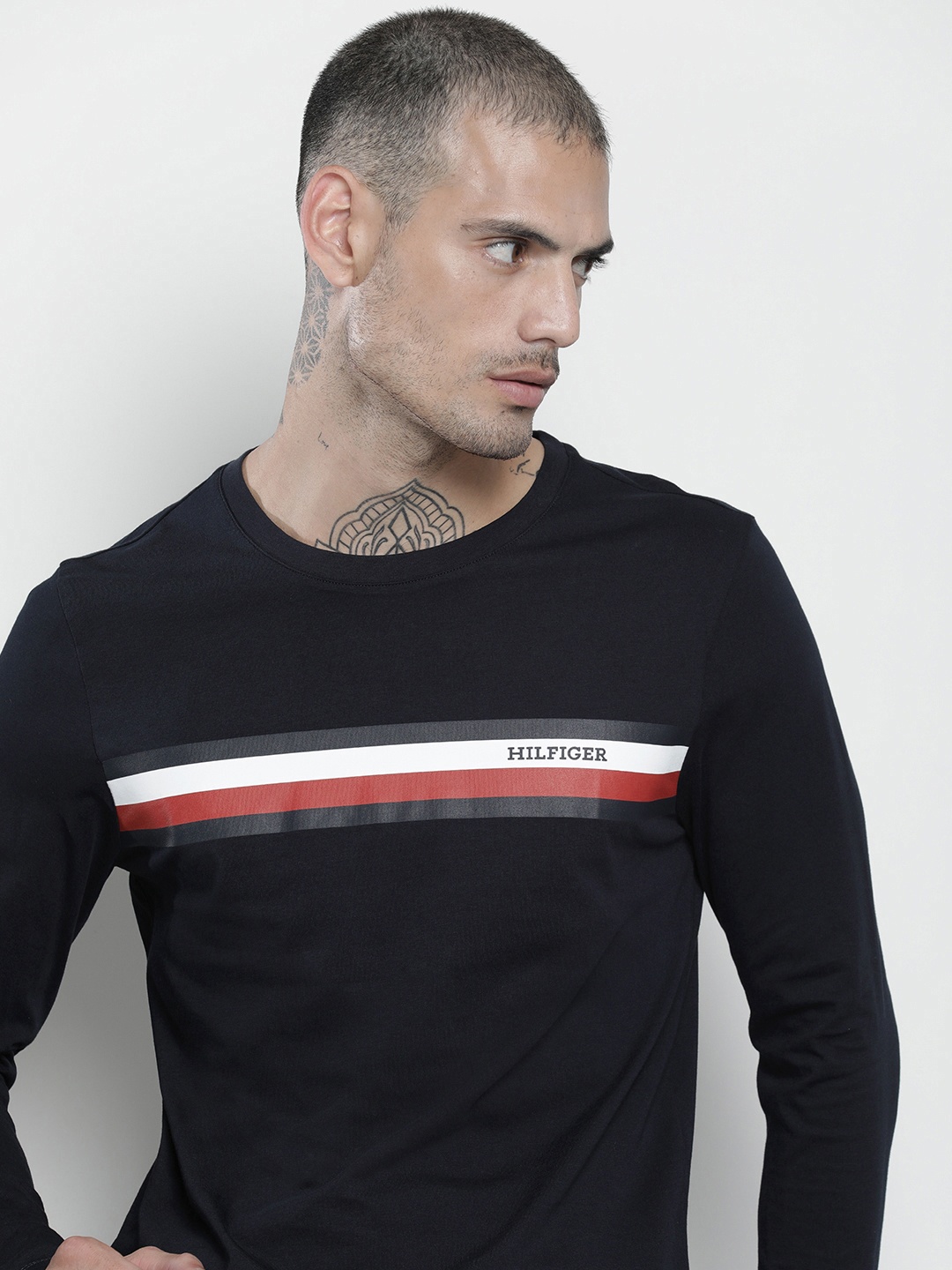 

Tommy Hilfiger Brand Logo Striped Pure Cotton Slim Fit T-shirt, Navy blue