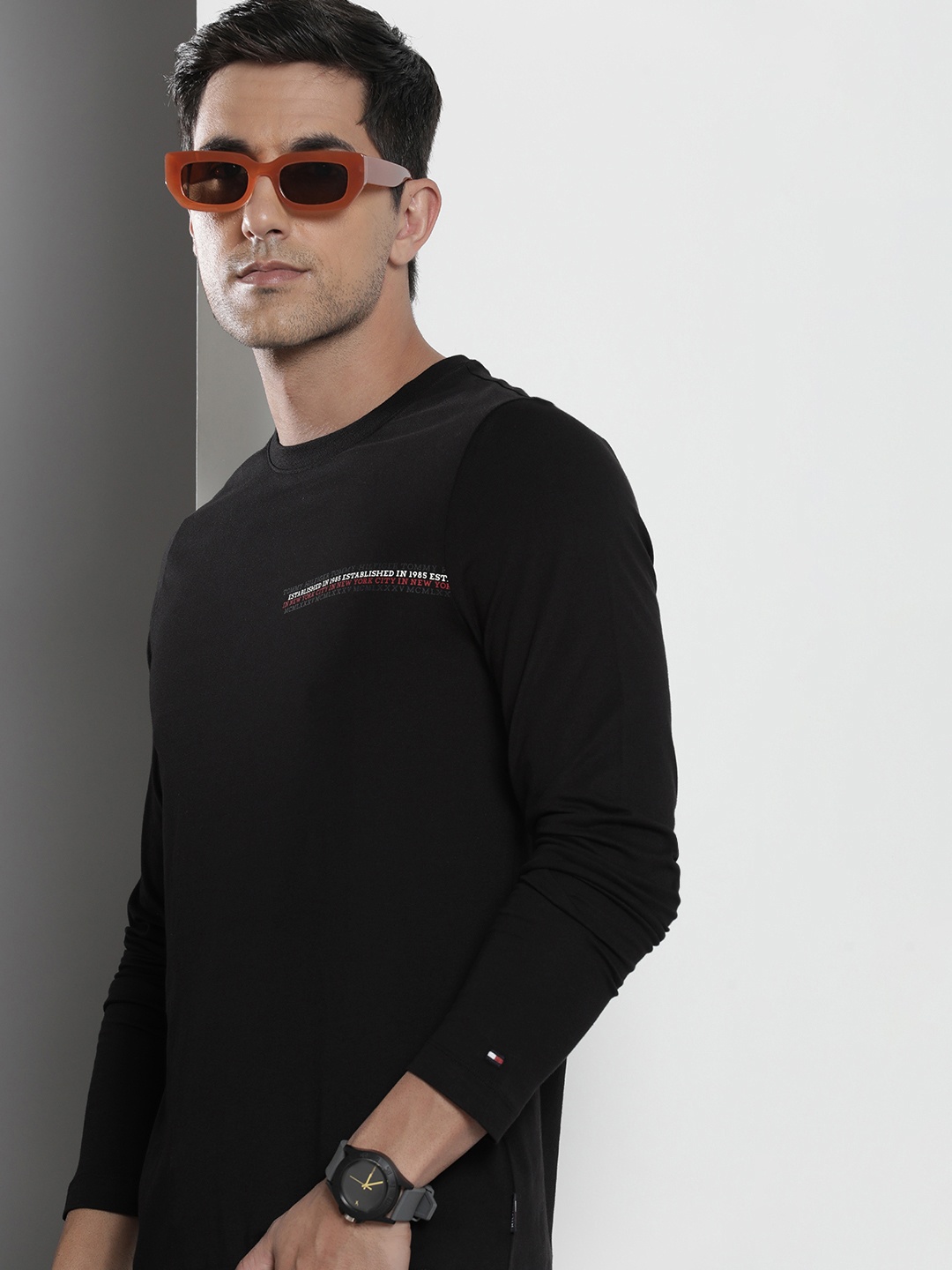 

Tommy Hilfiger Pure Cotton Slim Fit Brand Logo Printed Casual T-shirt, Black