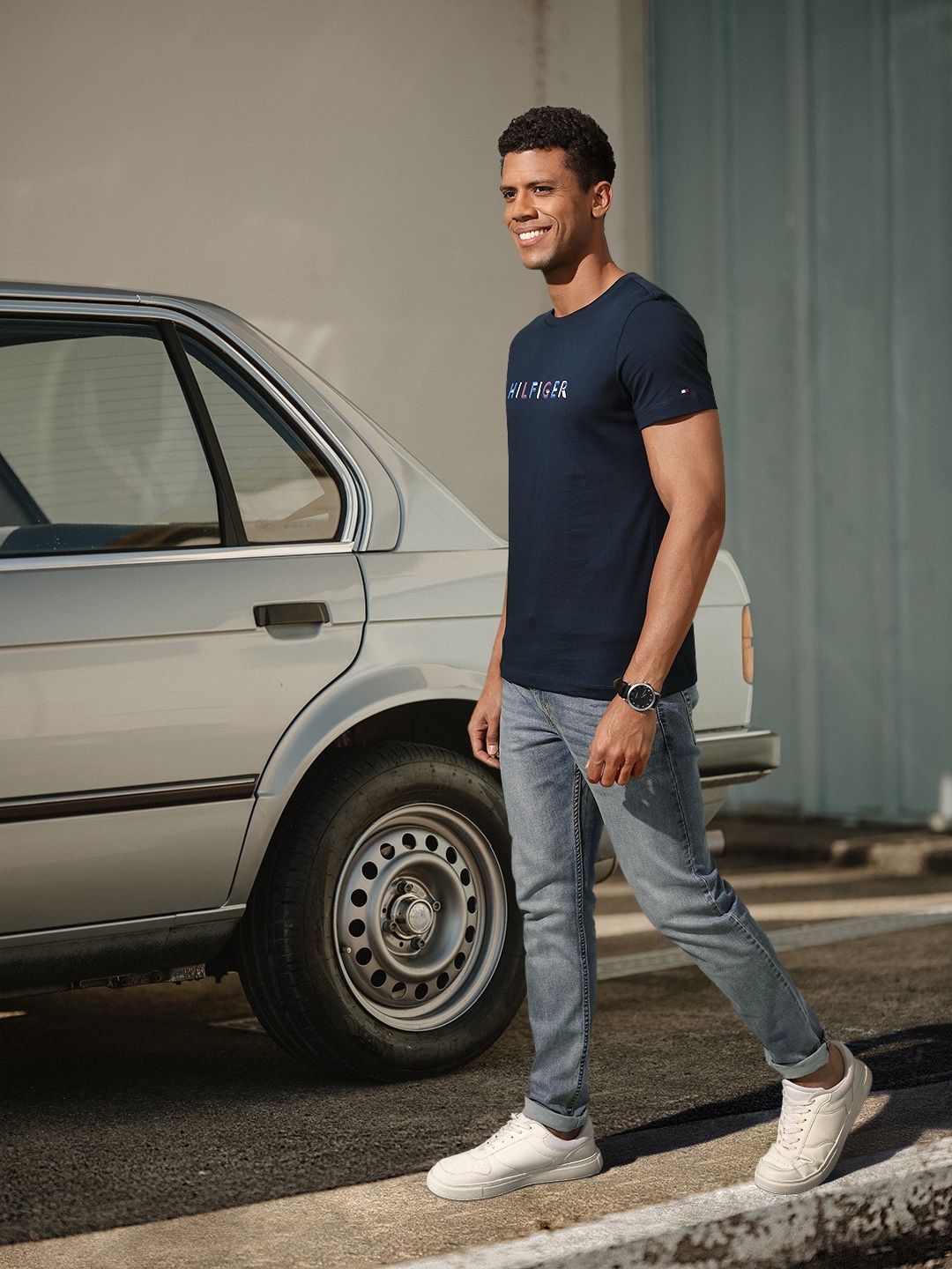 

Tommy Hilfiger Typography Printed Pure Cotton Slim Fit T-shirt, Navy blue
