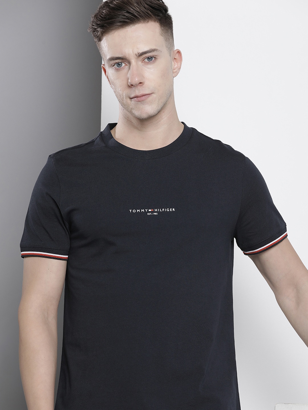 

Tommy Hilfiger Brand Logo Printed Pure Cotton Slim Fit T-shirt, Navy blue