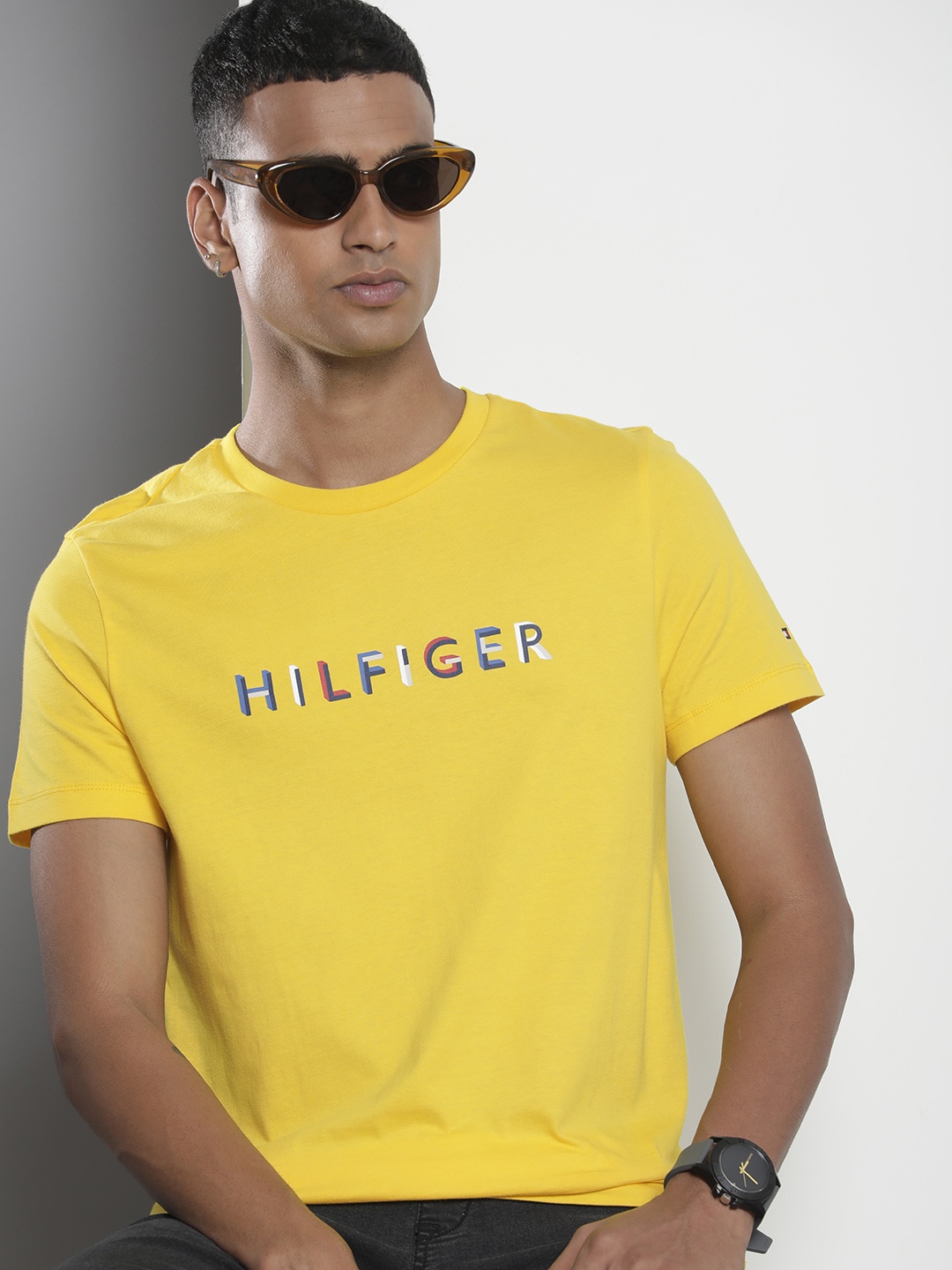 

Tommy Hilfiger Brand Logo Printed Pure Cotton Slim Fit T-shirt, Yellow