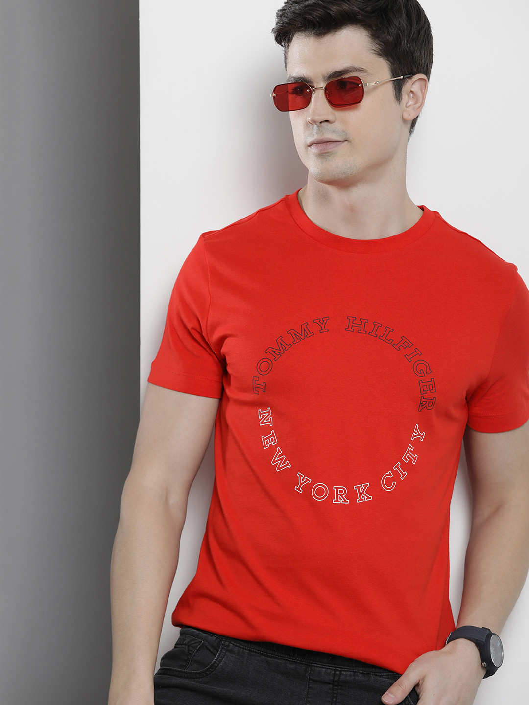 

Tommy Hilfiger Brand Logo Printed Pure Cotton Slim Fit T-shirt, Red