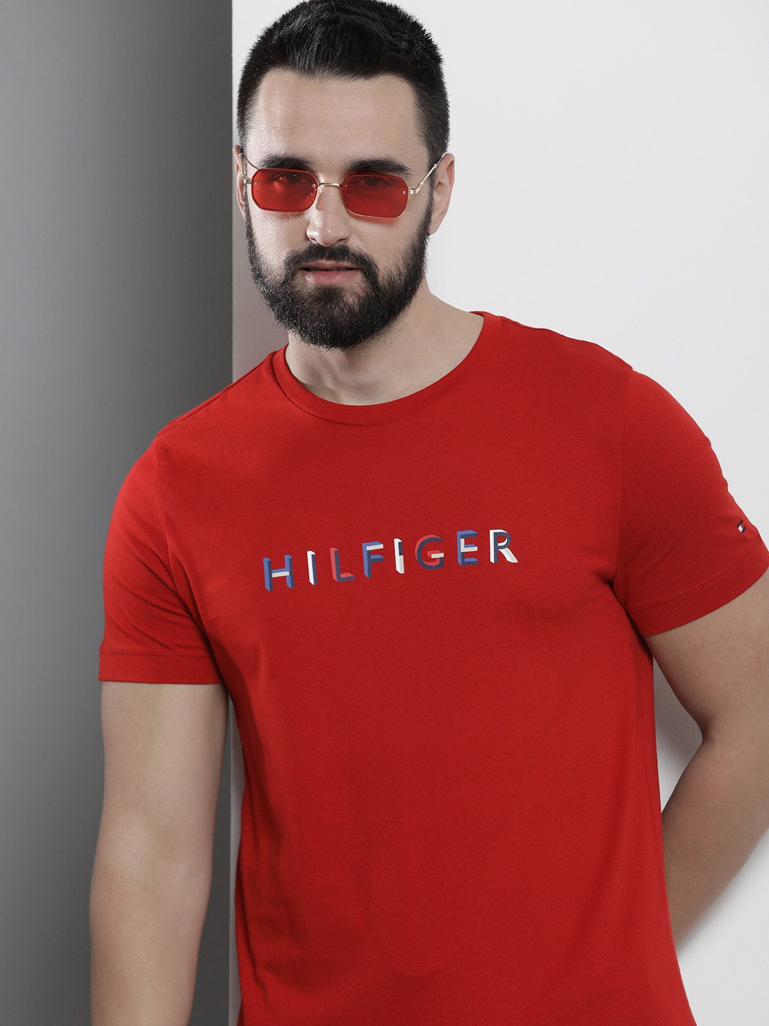 

Tommy Hilfiger Brand Logo Printed Pure Cotton Slim Fit T-shirt, Red