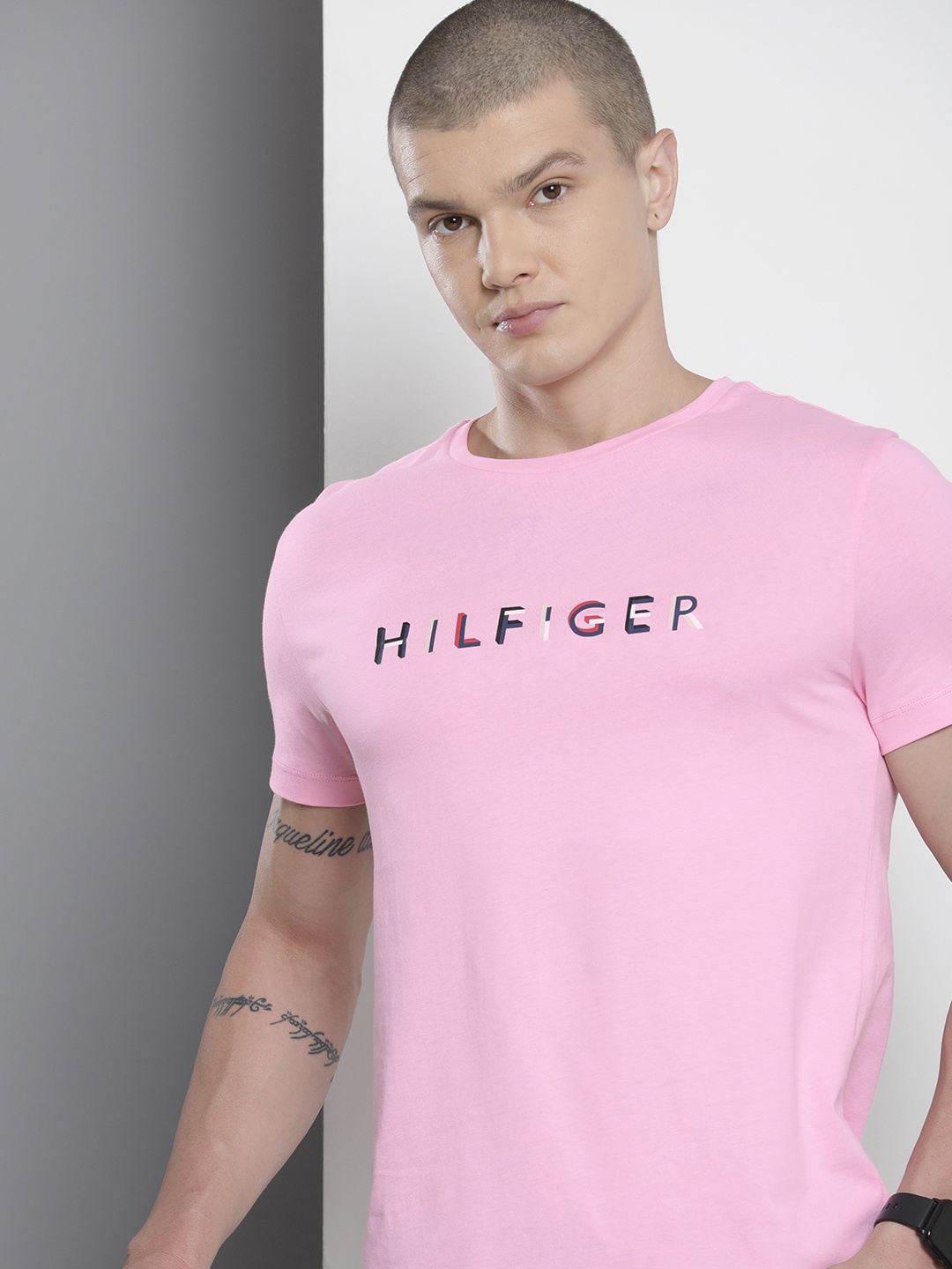 

Tommy Hilfiger Pure Cotton Brand Logo Printed Slim Fit T-shirt, Pink