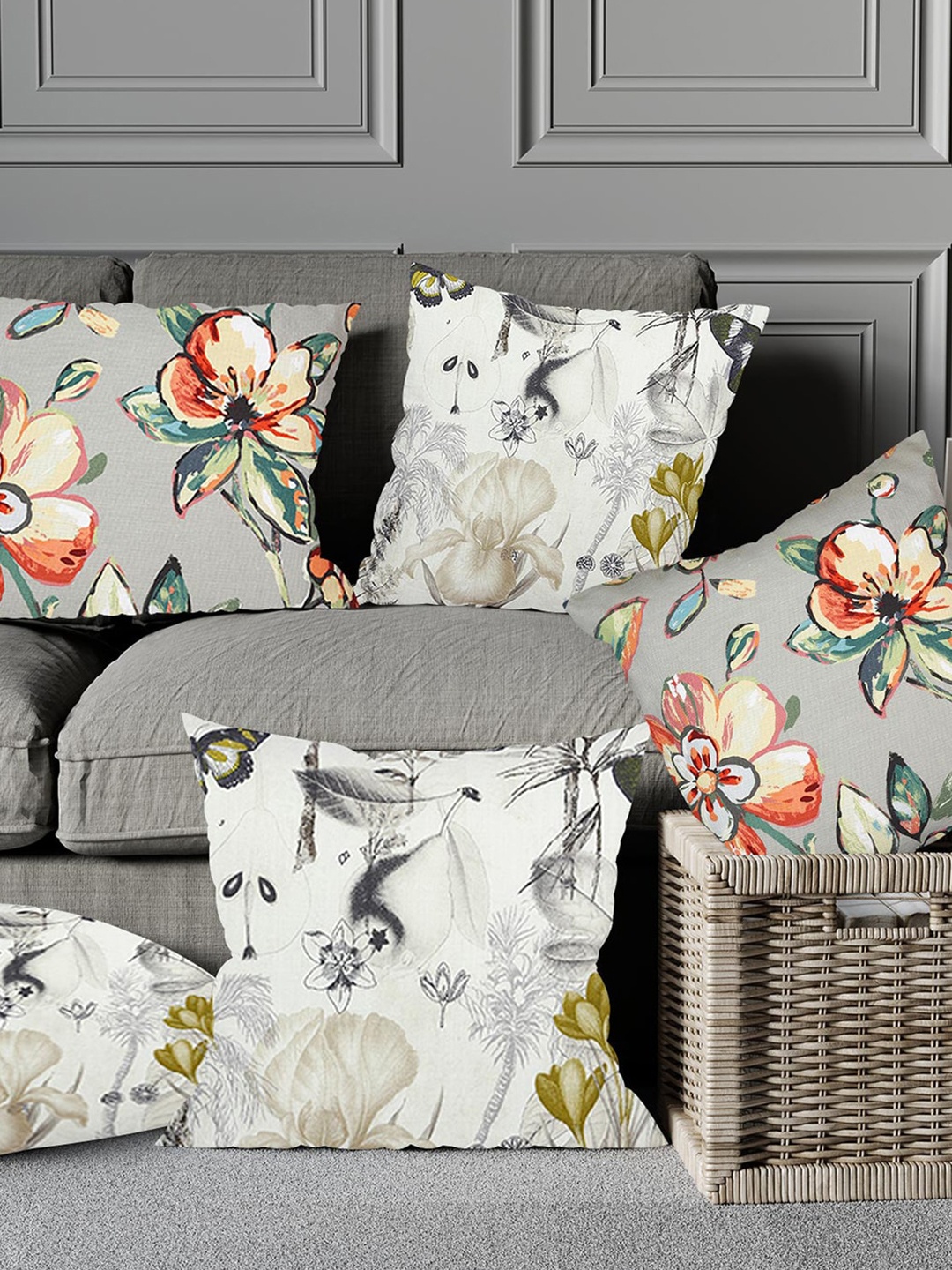 

Just Home White & Grey 5 Pieces Floral Square Cotton Cushion Covers