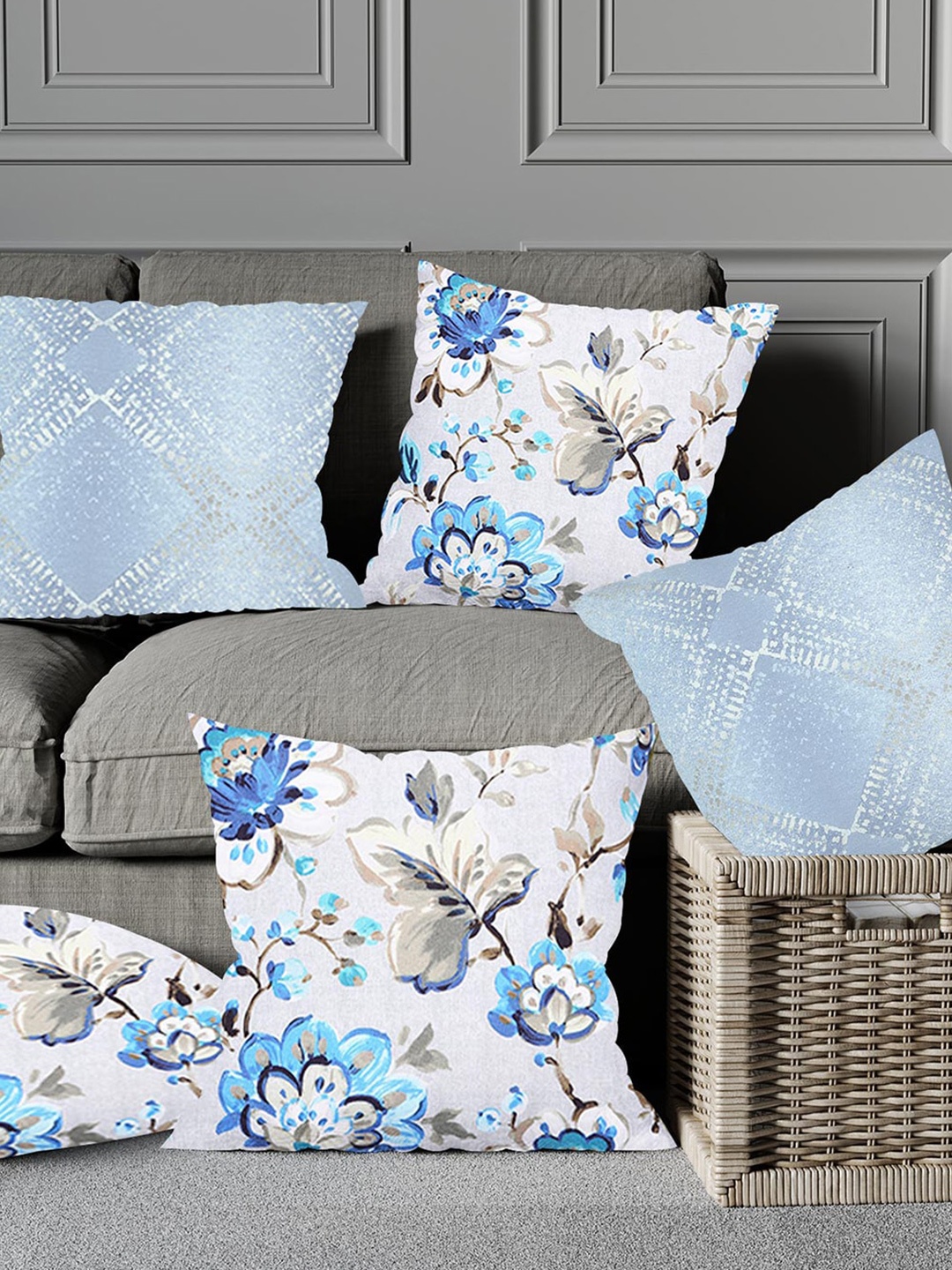 

Just Home Blue & White 5 Pieces Floral Square Cotton Cushion Covers