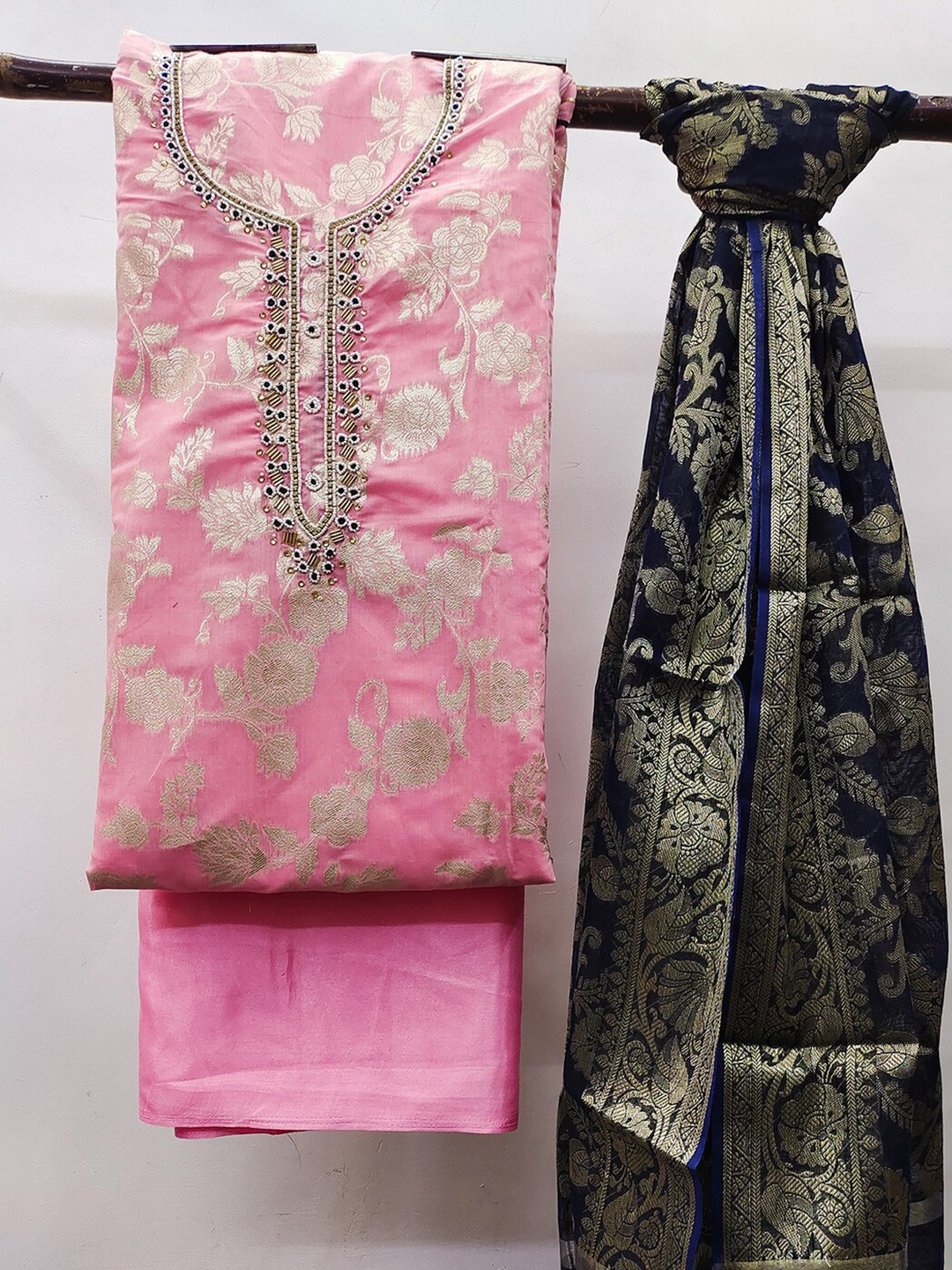 

KALINI Embellished Unstitched Dress Material, Pink