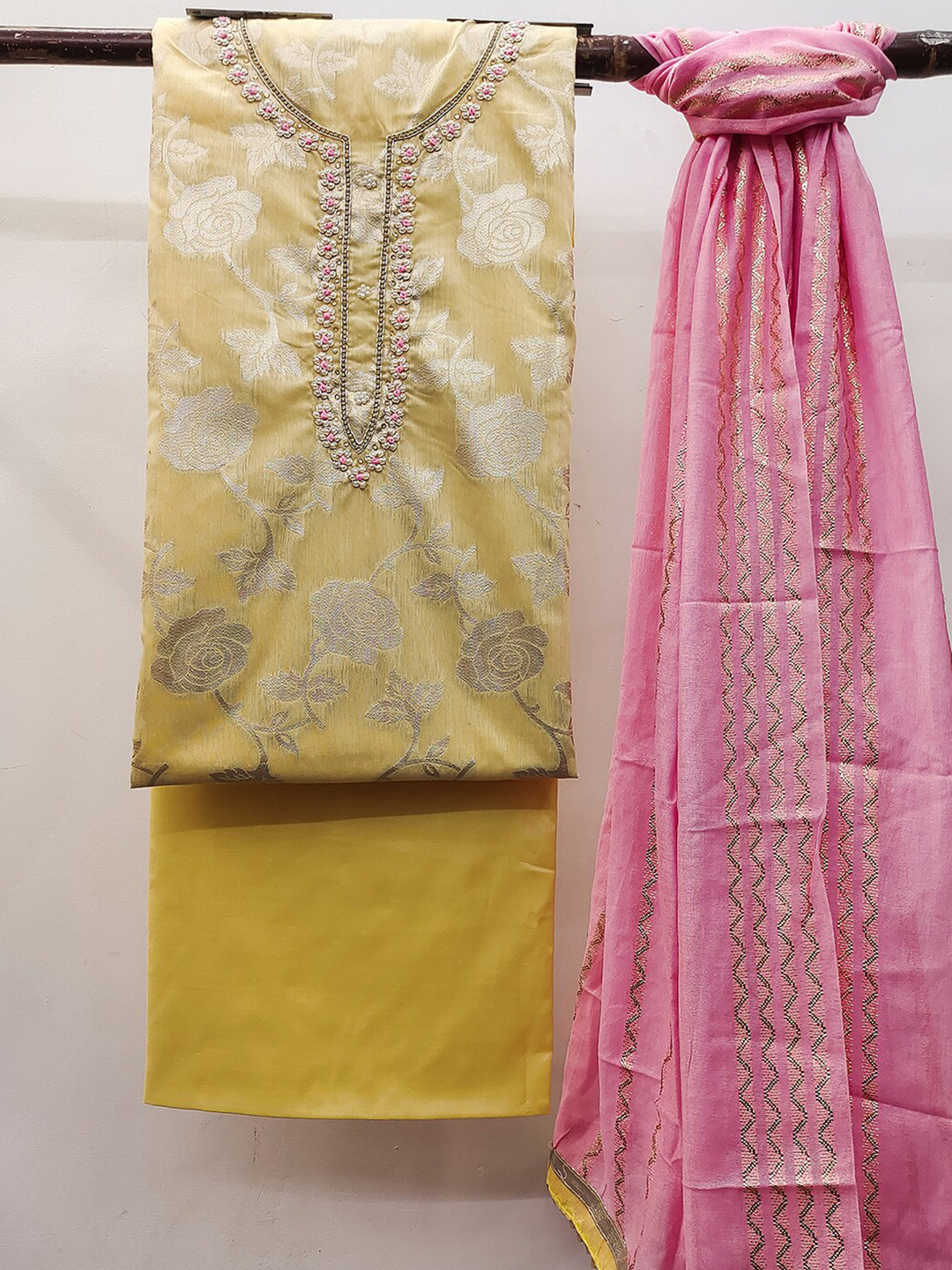 

KALINI Embellished Unstitched Dress Material, Yellow