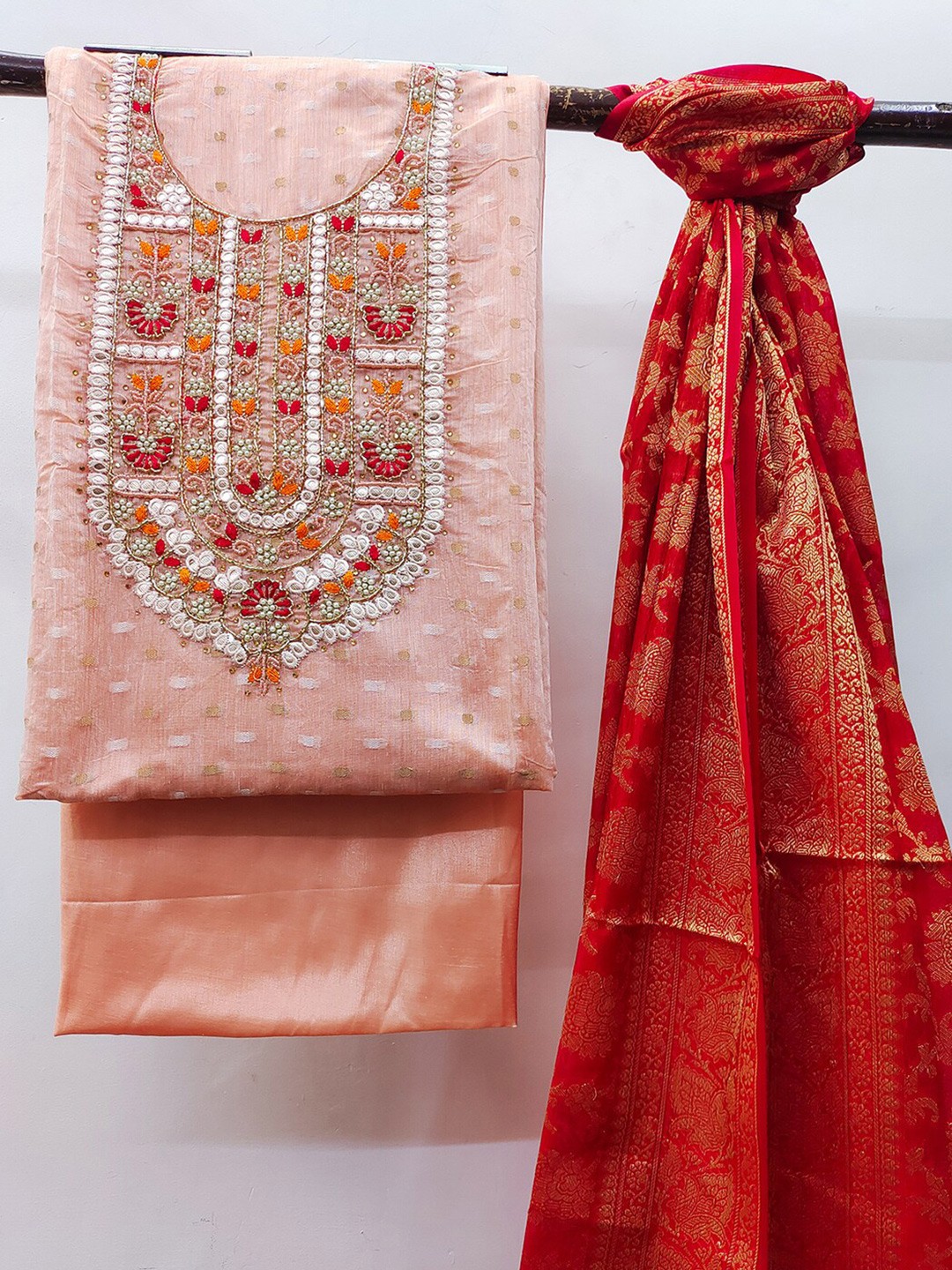 

KALINI Embellished Unstitched Dress Material, Peach