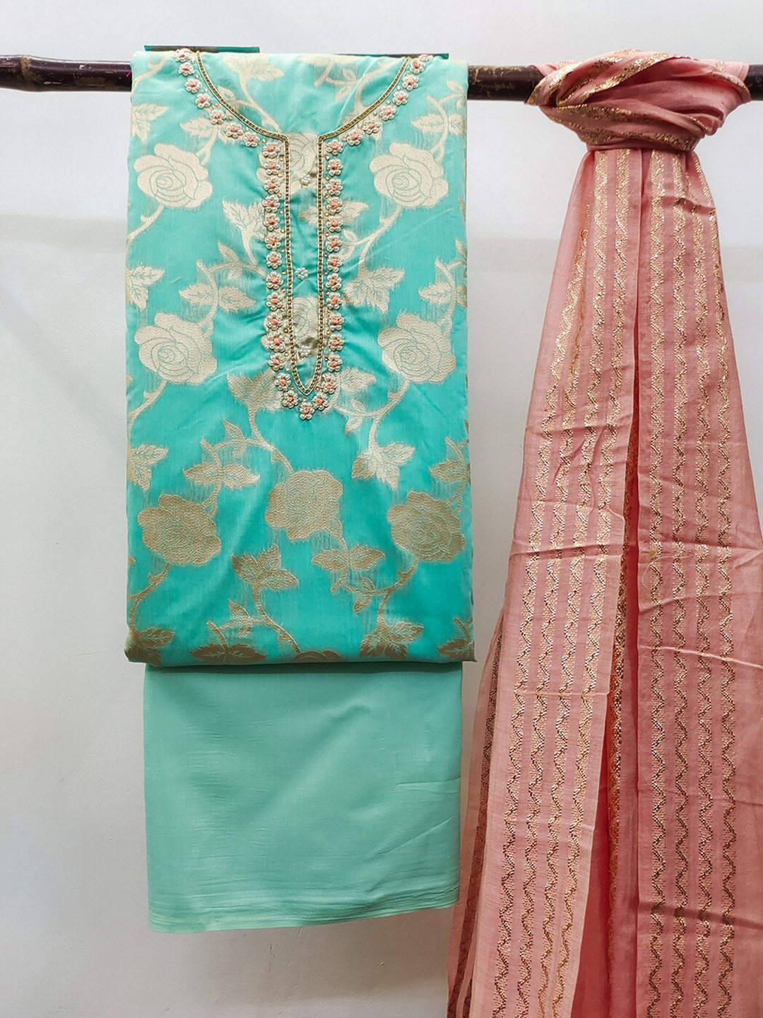 

KALINI Embellished Unstitched Dress Material, Turquoise blue