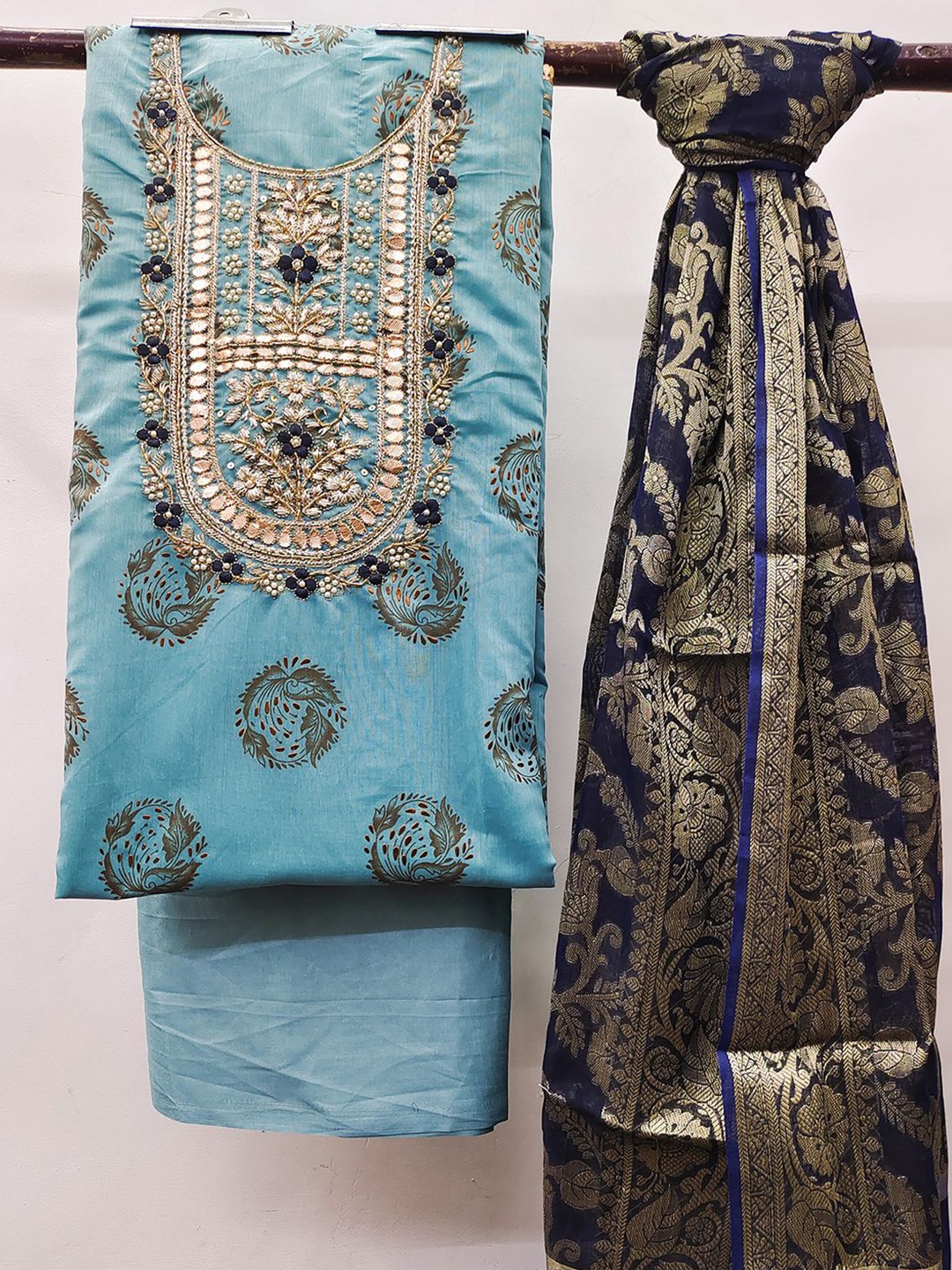 

KALINI Floral Beads & Stones Embroidered Unstitched Dress Material, Turquoise blue