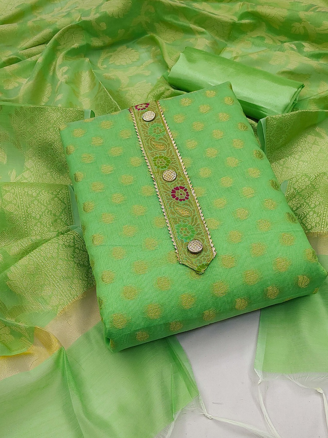 

KALINI Ethnic Motifs Woven Design Gotta Patti Unstitched Dress Material, Green