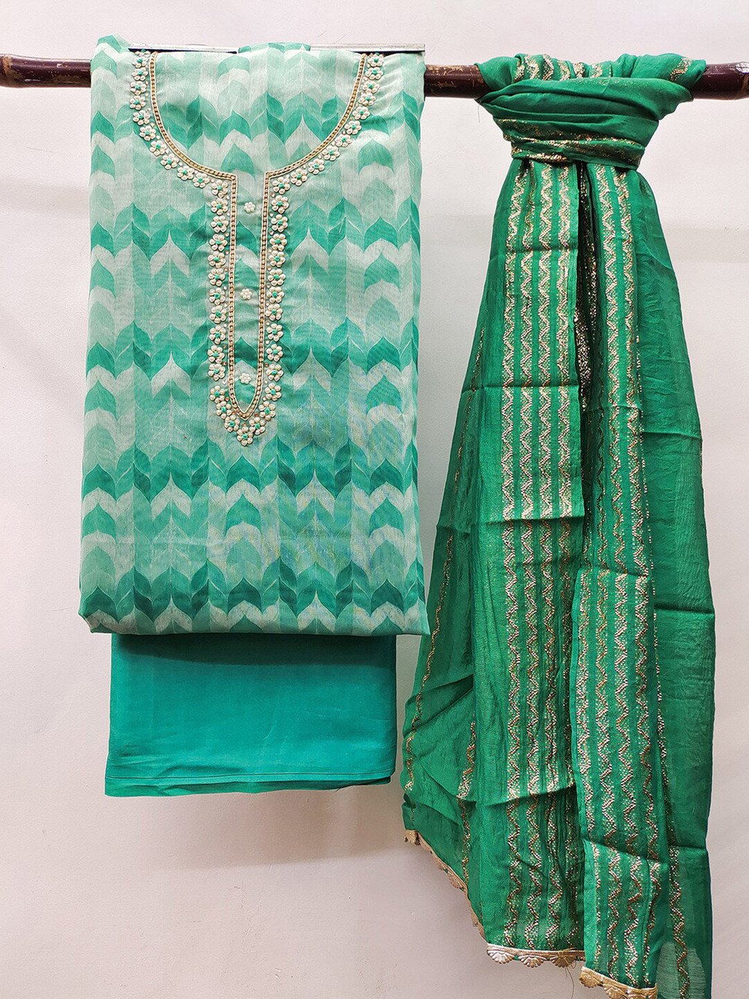 

KALINI Beads & Stones Embroidered Unstitched Dress Material, Green