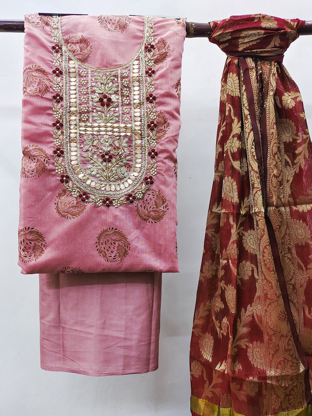 

KALINI Floral Beads & Stones Embroidered Unstitched Dress Material, Pink