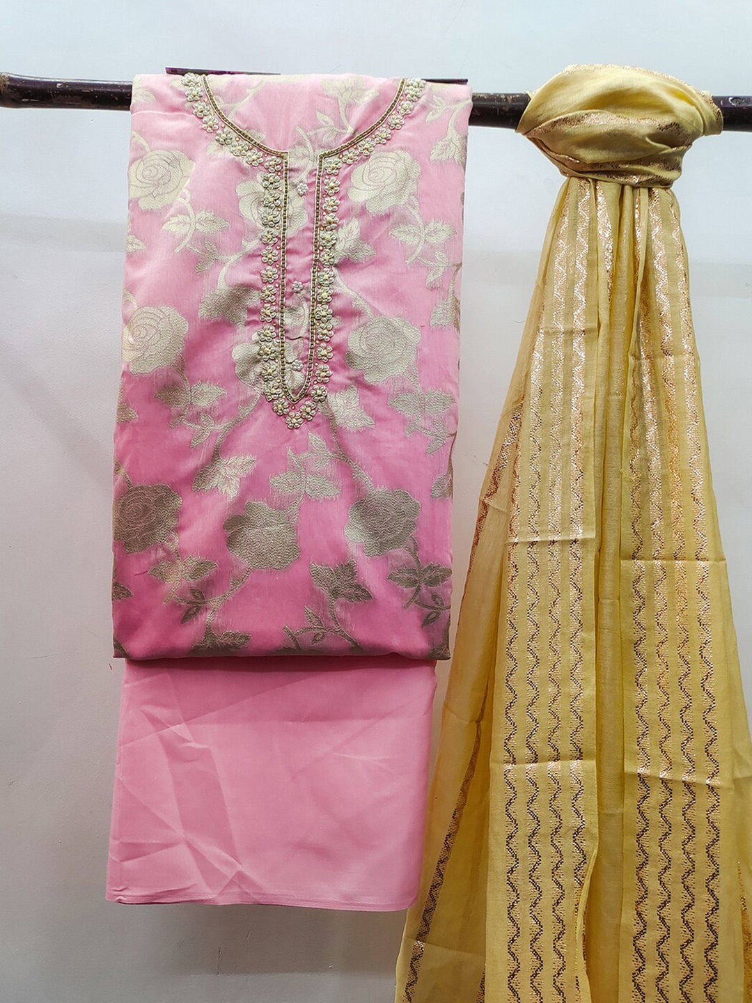 

KALINI Floral Woven Design Bead Work Unstitched Dress Material, Pink