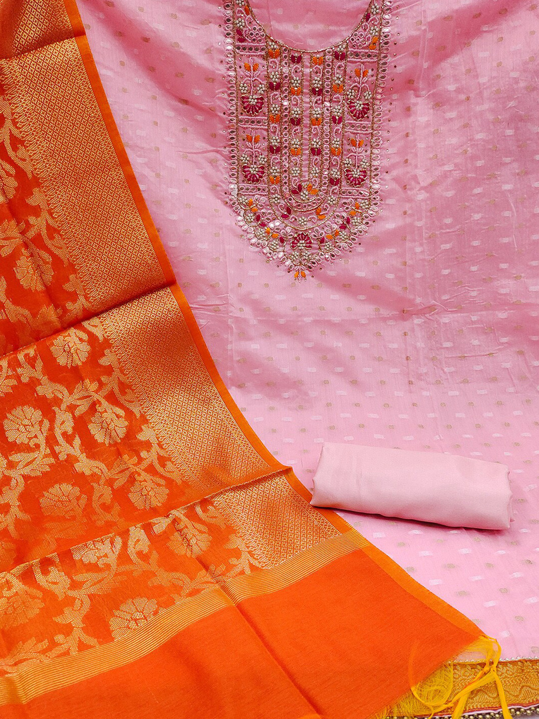 

KALINI Woven Design Mirror Work Unstitched Dress Material, Pink