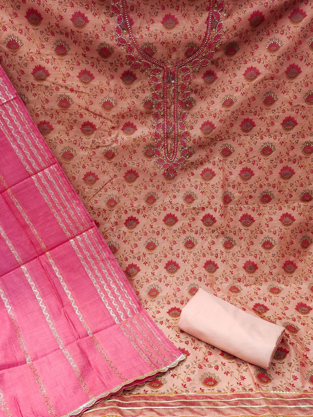 

KALINI Floral Printed Bead Work Unstitched Dress Material, Pink