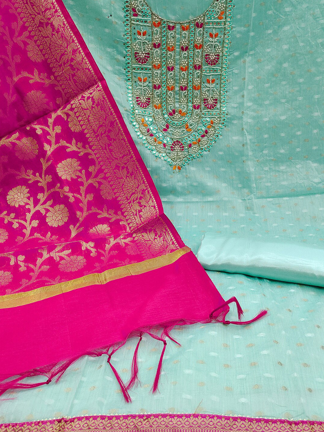 

KALINI Woven Design Mirror Work Unstitched Dress Material, Turquoise blue