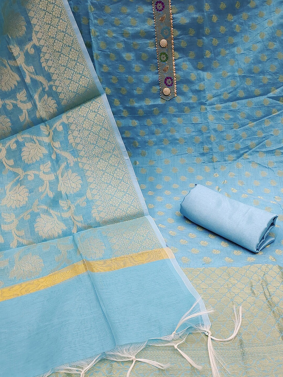 

KALINI Woven Design Gotta Patti Unstitched Dress Material, Turquoise blue