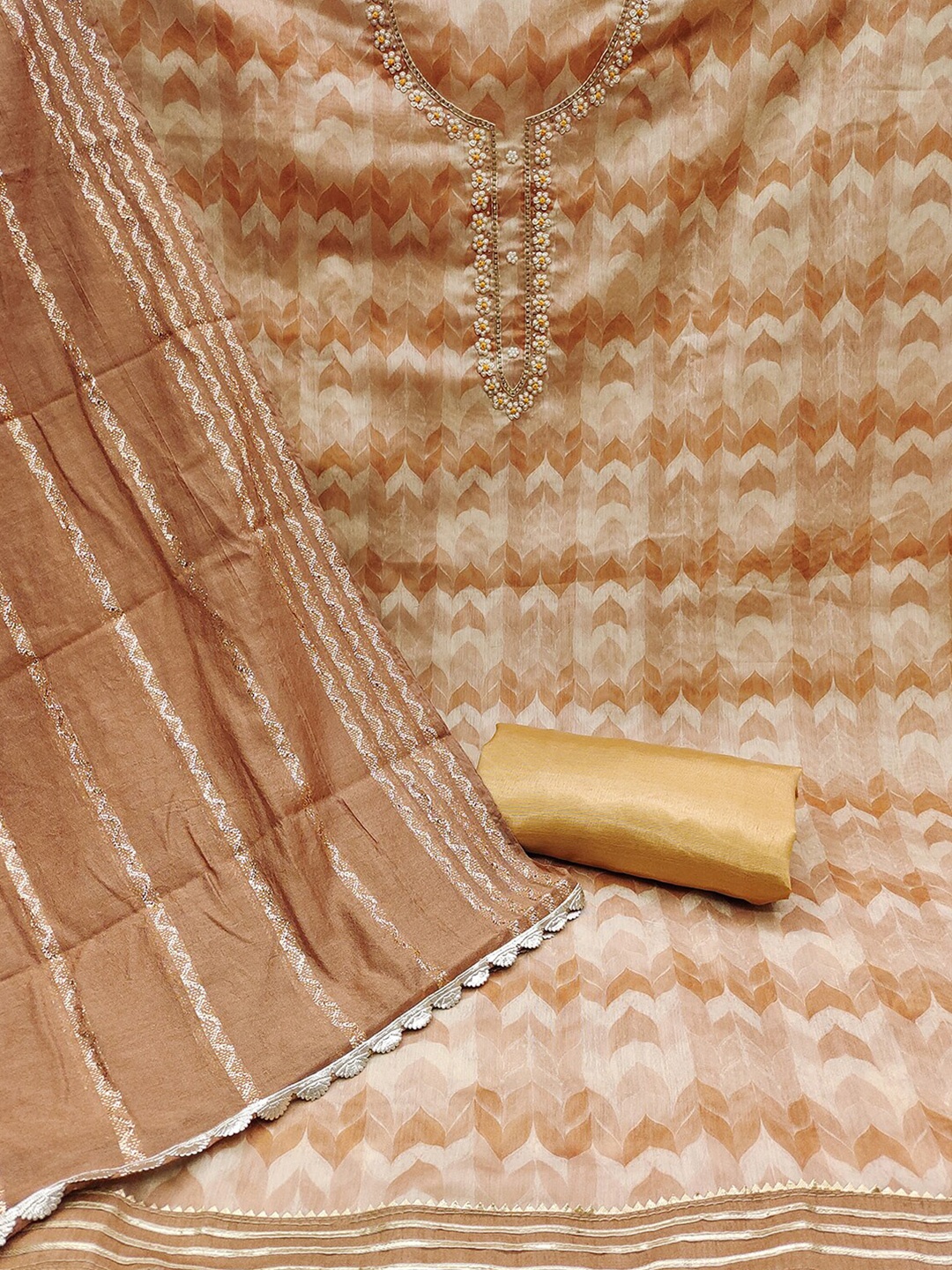

KALINI Chevron Printed Bead Work Unstitched Dress Material, Brown