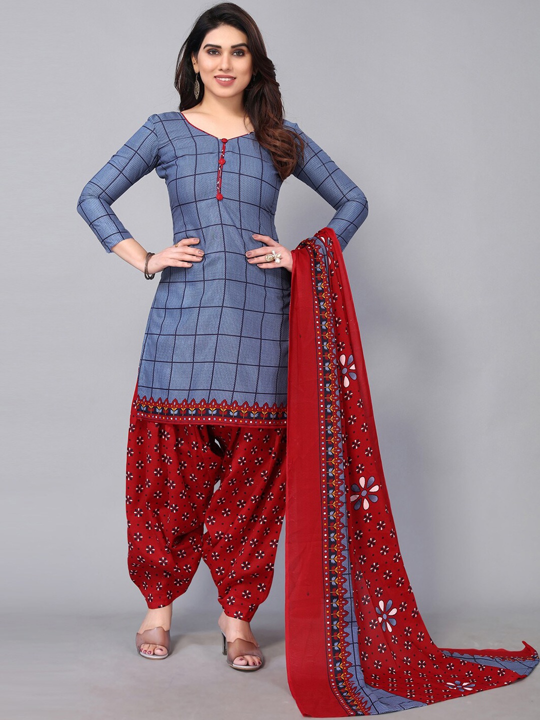 

KALINI Floral and Geometric Printed Kurta with Patiala & Dupatta, Grey