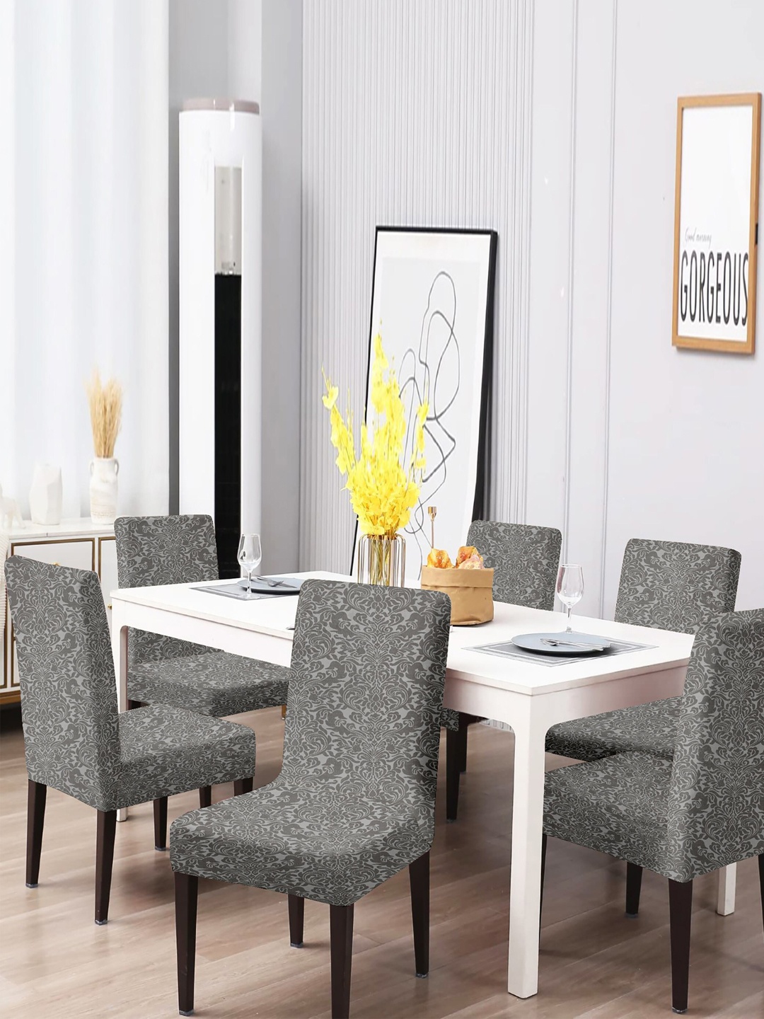 

Home Centre Grey Morgan Damask Jacquard Printed Dining Chair Cover