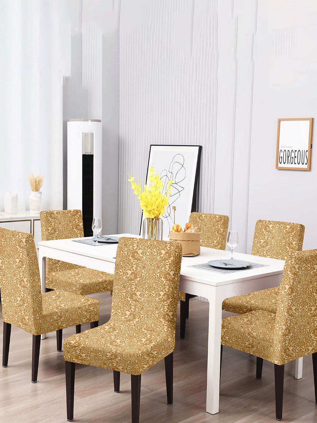 

Home Centre Beige Morgan Damask Jacquard Printed Dining Chair Cover