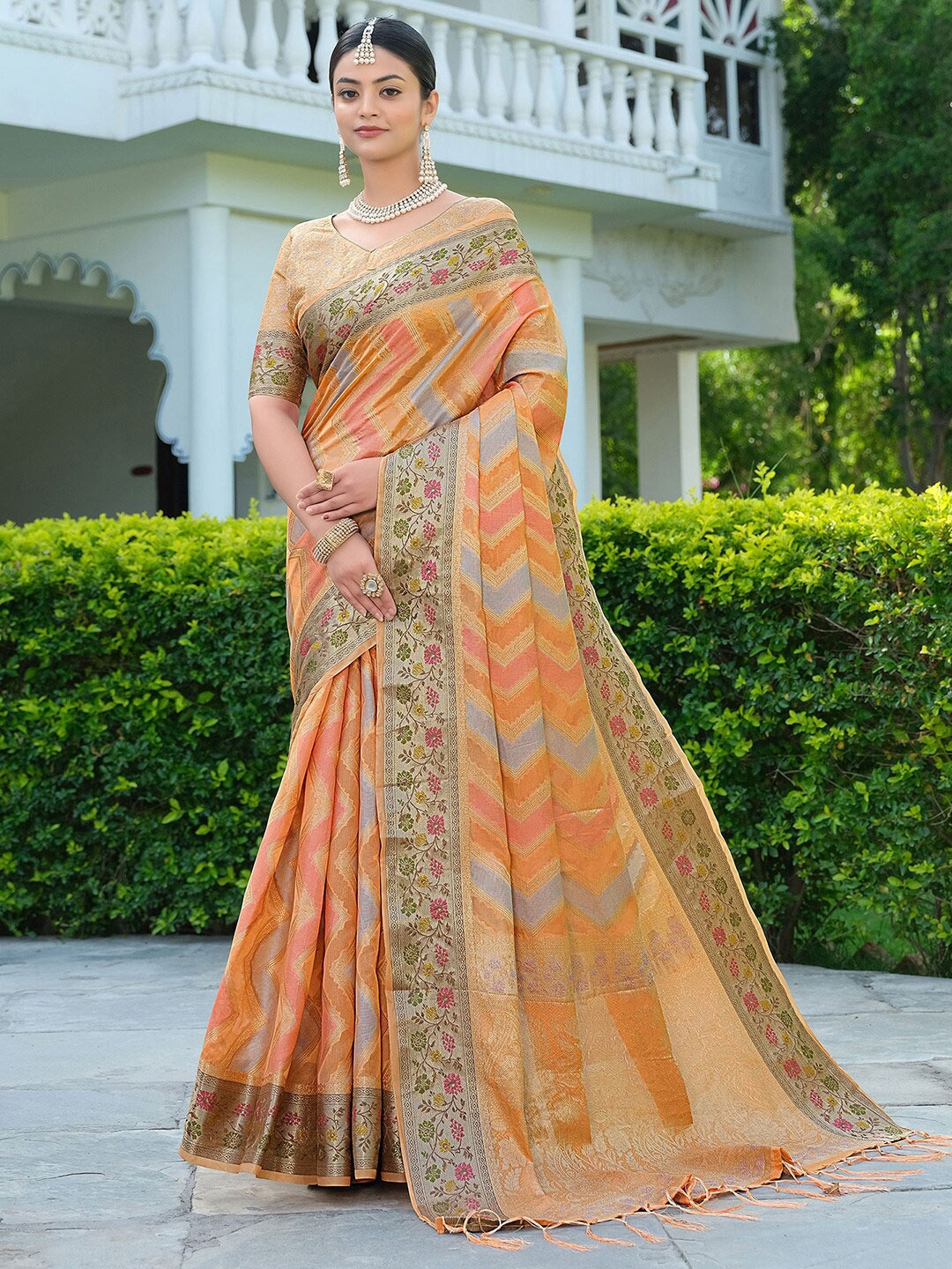 

Satrani Orange & Gold-Toned Floral Woven Design Zari Organza Banarasi Saree