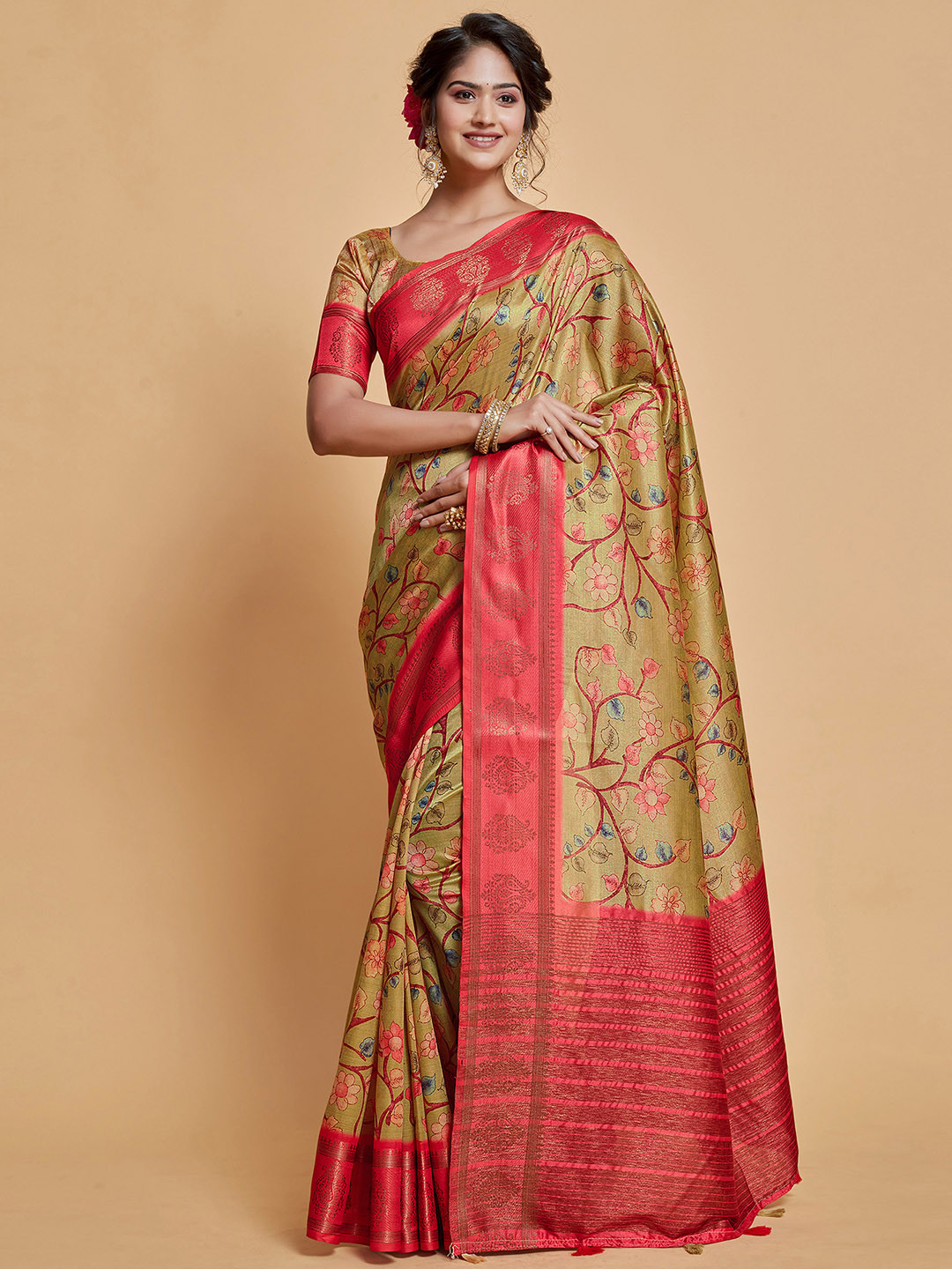 

Satrani Green & Mustard Floral Printed Zari Silk Blend Saree