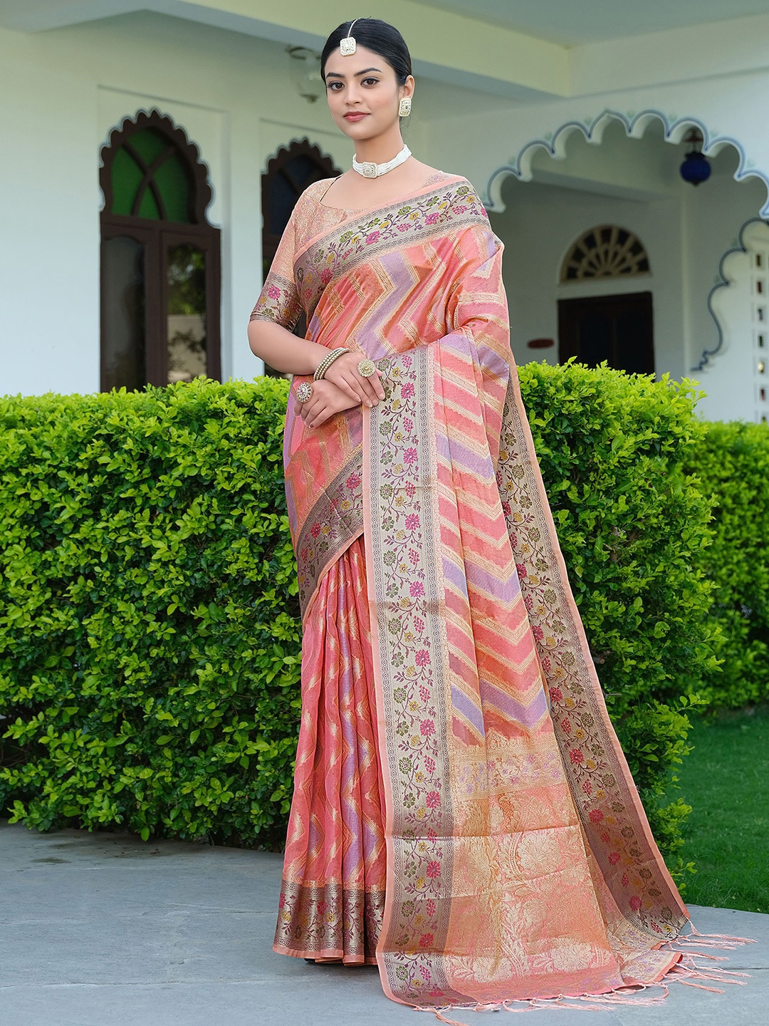 

Satrani Green & Mustard Chevron Woven Design Zari Banarasi Saree, Pink