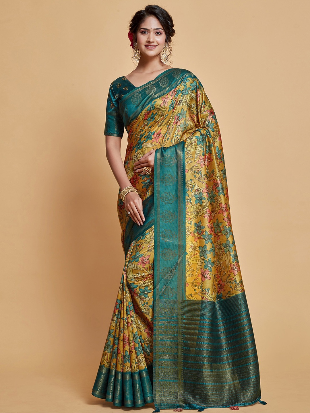 

Satrani Yellow & Teal Floral Printed Zari Silk Blend Saree